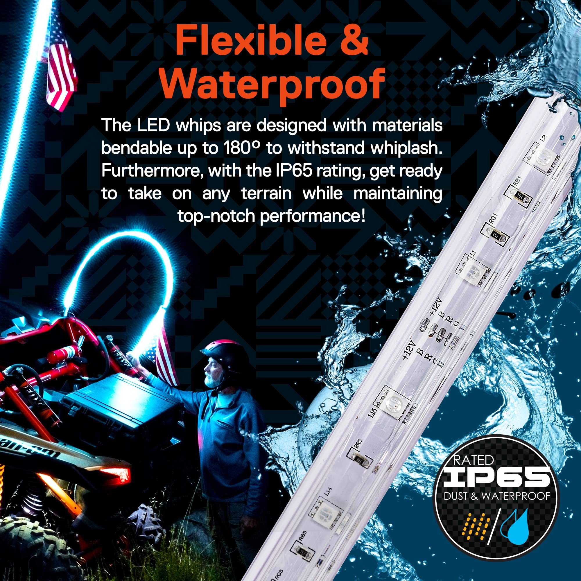 True Mods 2pc 5ft RGB LED Whip Light for UTV ATV [RF Wireless Remote] USA Flag Waterproof LED Lighted Whip CB Antenna Pole Stick