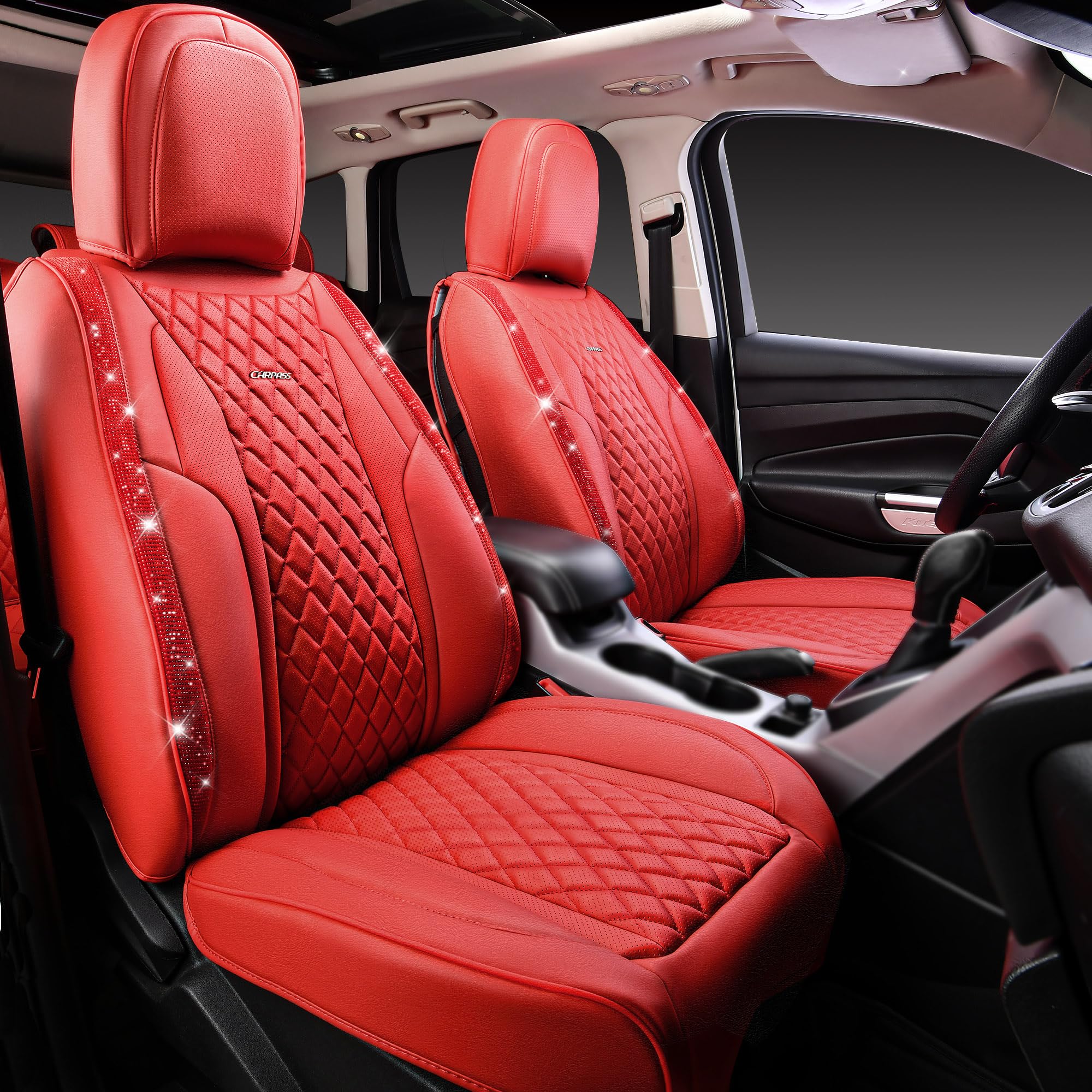 Car Pass Diamond Nappa Leather Bling Car Seat Covers Full Set Universal Cushioned, Waterproof Heavy-Duty Anti-Slip Luxury Leathe