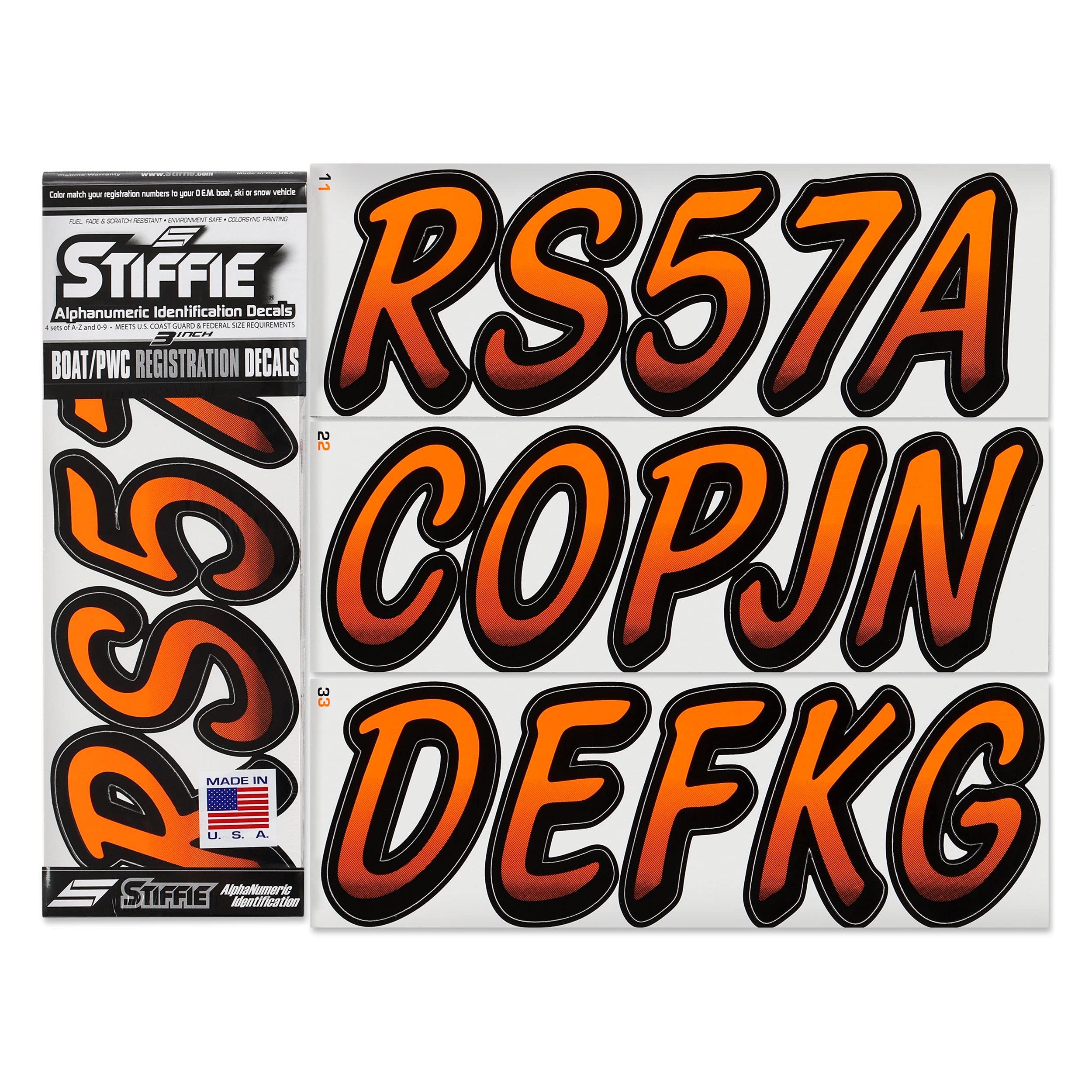 STIFFIE Whipline Electric Orange/Black 3'' Boat & PWC Registration Decals  Numbers Letters Stickers