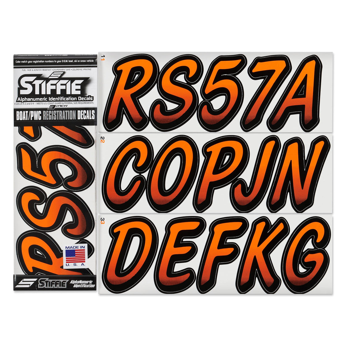 STIFFIE Whipline Electric Orange/Black 3'' Boat & PWC Registration Decals  Numbers Letters Stickers