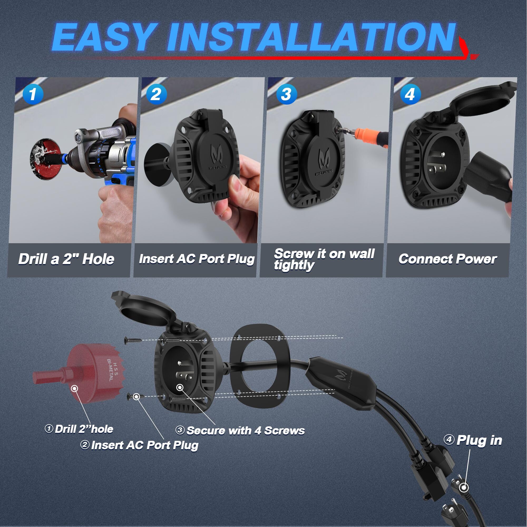Mictuning 15Amp 250V Ac Port Plug With Heavy Duty Integrated Dual 20'' Extension Cord Y Splitter Cable And Water-Resistant Sprin