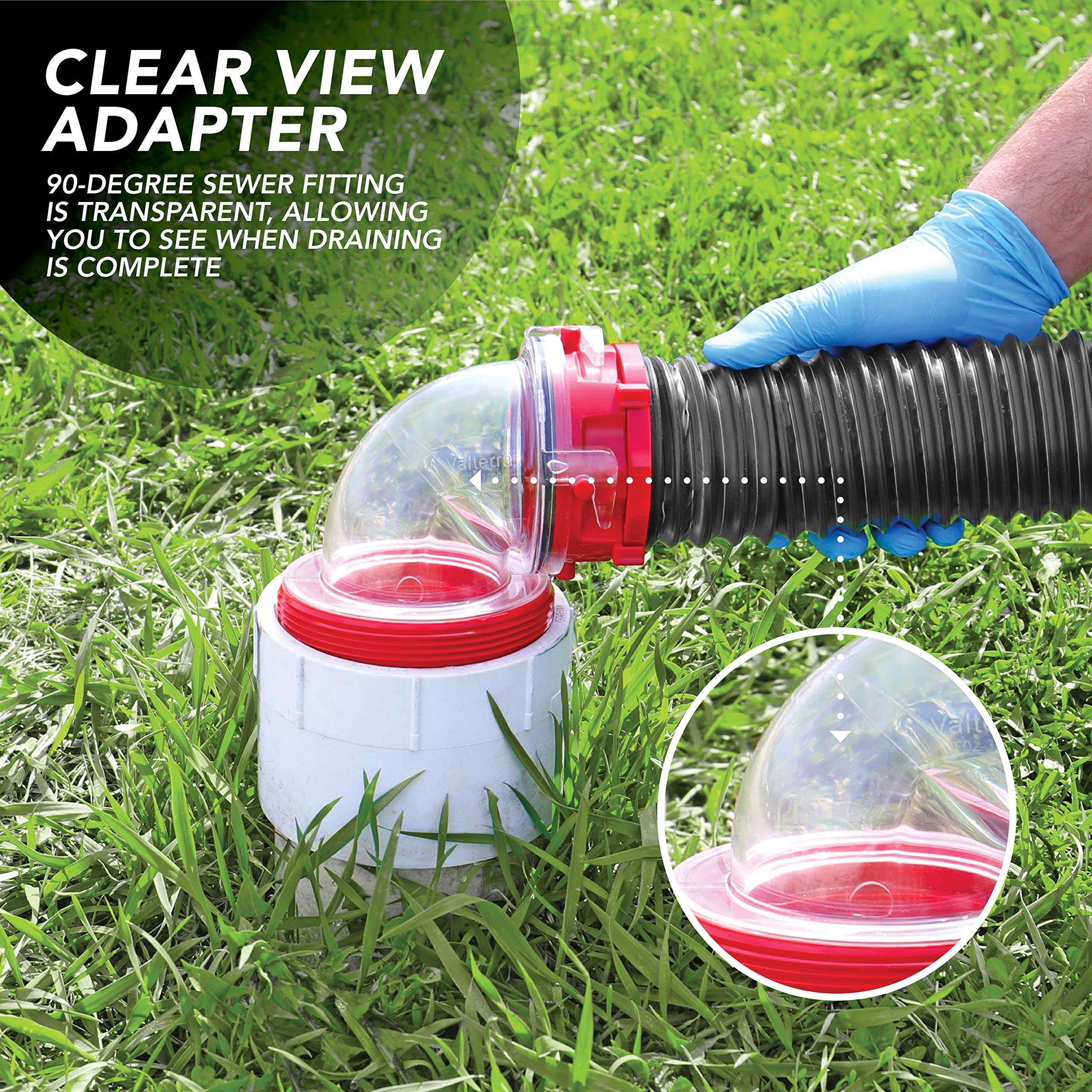 Valterra 20-Foot Dominator RV Sewer Hose Kit, Sewer Hose for RV Camper, Includes 2 Attachable 10-Foot Hoses with Rotating Fittings, 90 Degree Clearview Sewer Adapter, and 4 Drip Caps