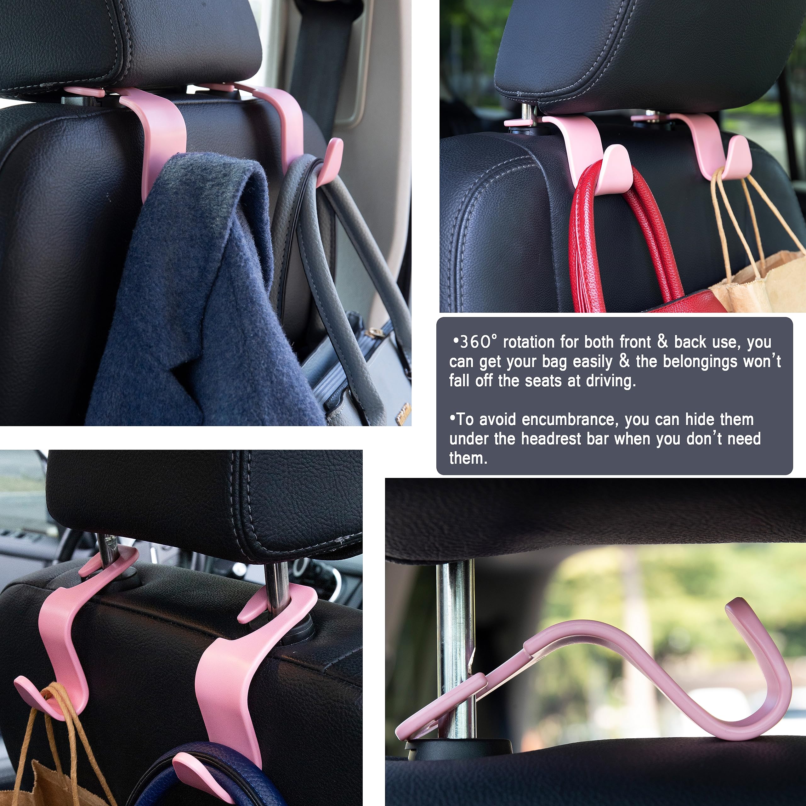 Amooca Universal Car Headrest Hooks, Car Organizer Hanger Storage Hooks For Bag Purse Cloth Grocery (Pink Set Of 4)