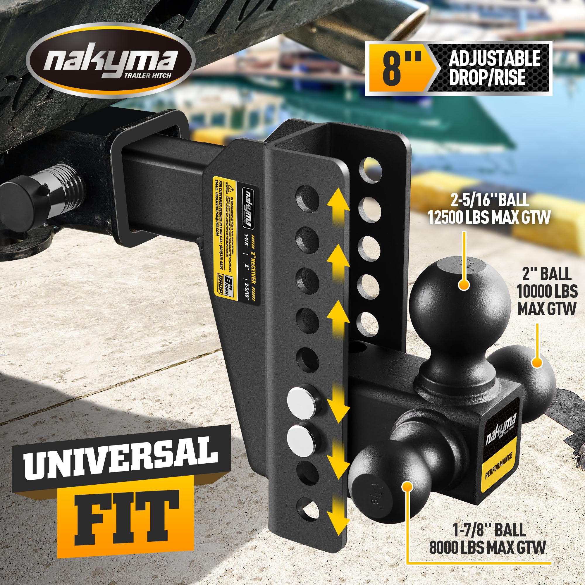 Adjustable Drop Hitch, 8 Inch Drop Trailer Hitch,Tri-Ball(1-7/8'', 2'', 2-5/16'') Hitch, Fits 2-Inch Receiver, Max 12,500 LBS GT