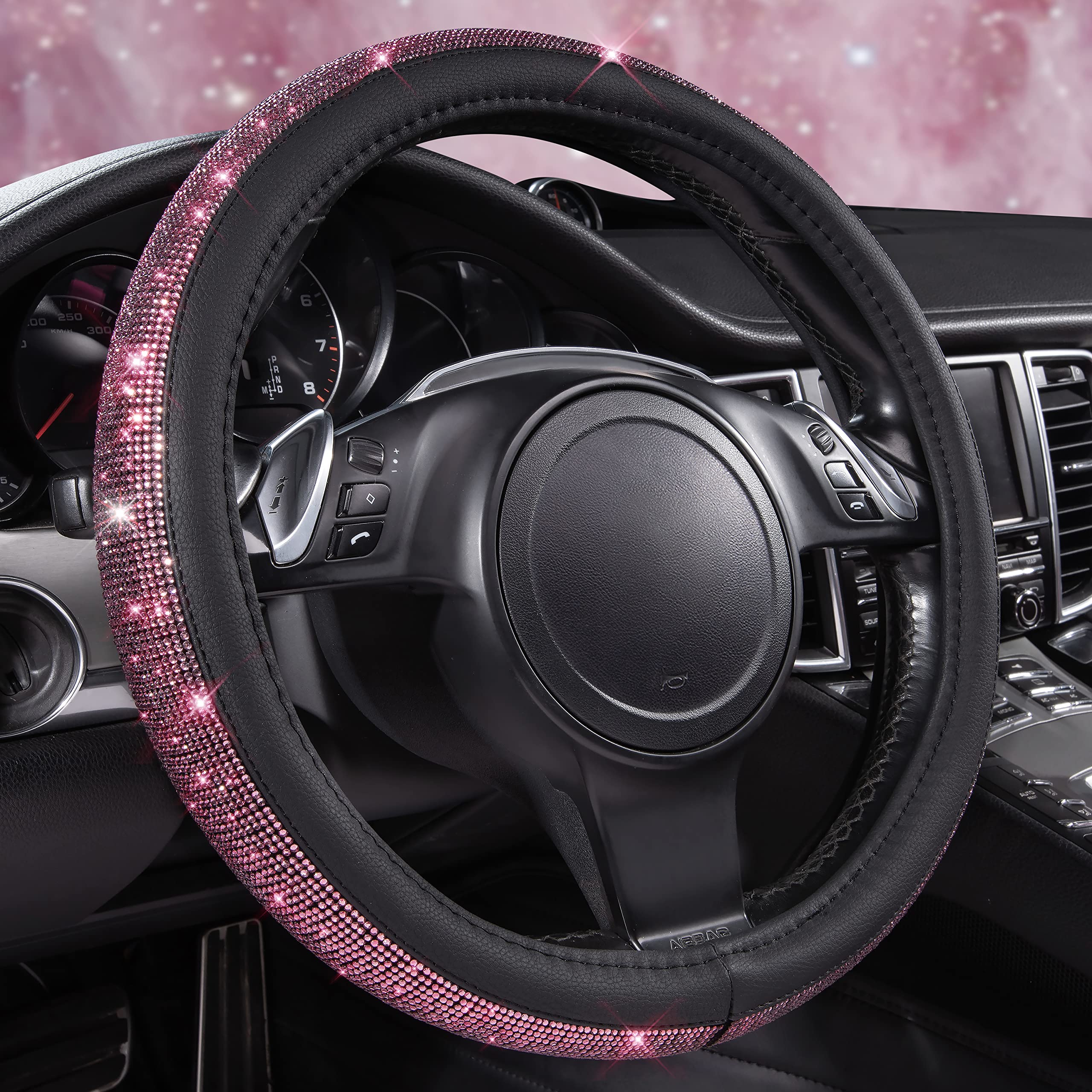 Car Pass Bling Diamond Leather Steering Wheel Cover, Bling Sparkly Crystal Glitter Rhinestones Universal Fit 14'' 1/2-15'' Car W