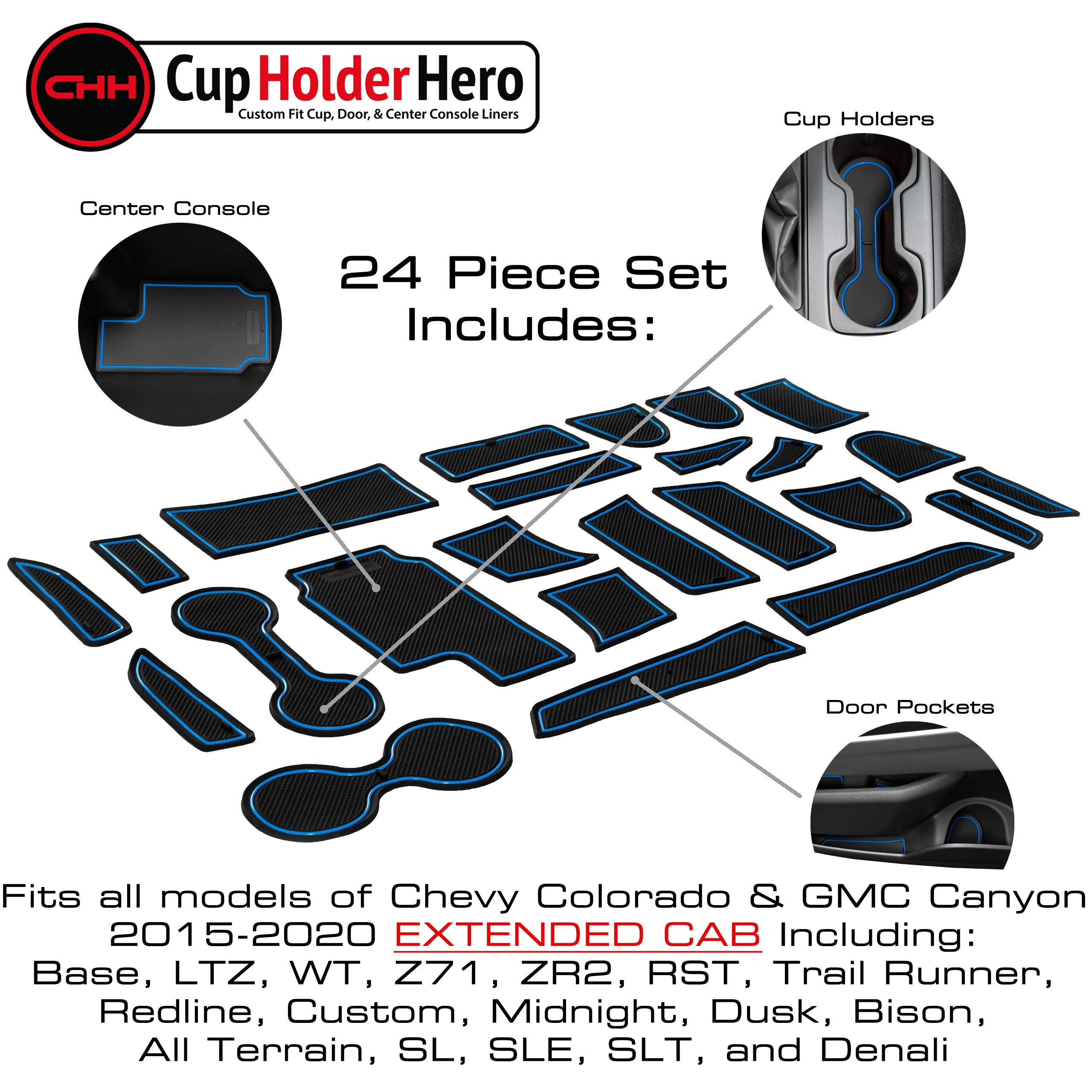 CupHolderHero Cup Holder Inserts & Console Liner Mats Set - 24pc, Extended Cab, Blue Trim, Fits Chevy Colorado & GMC Canyon 2015-2022