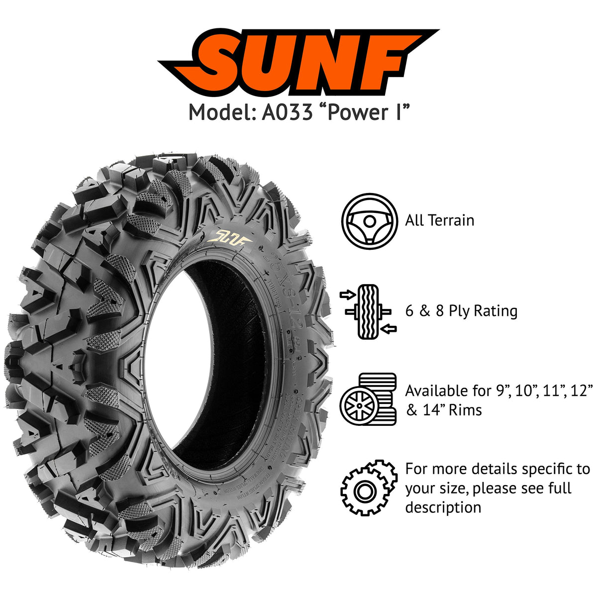 SUNF ATV UTV All Terrain Tires - 26x10-12, 6 PR, Model A033, Black, Pair of 2