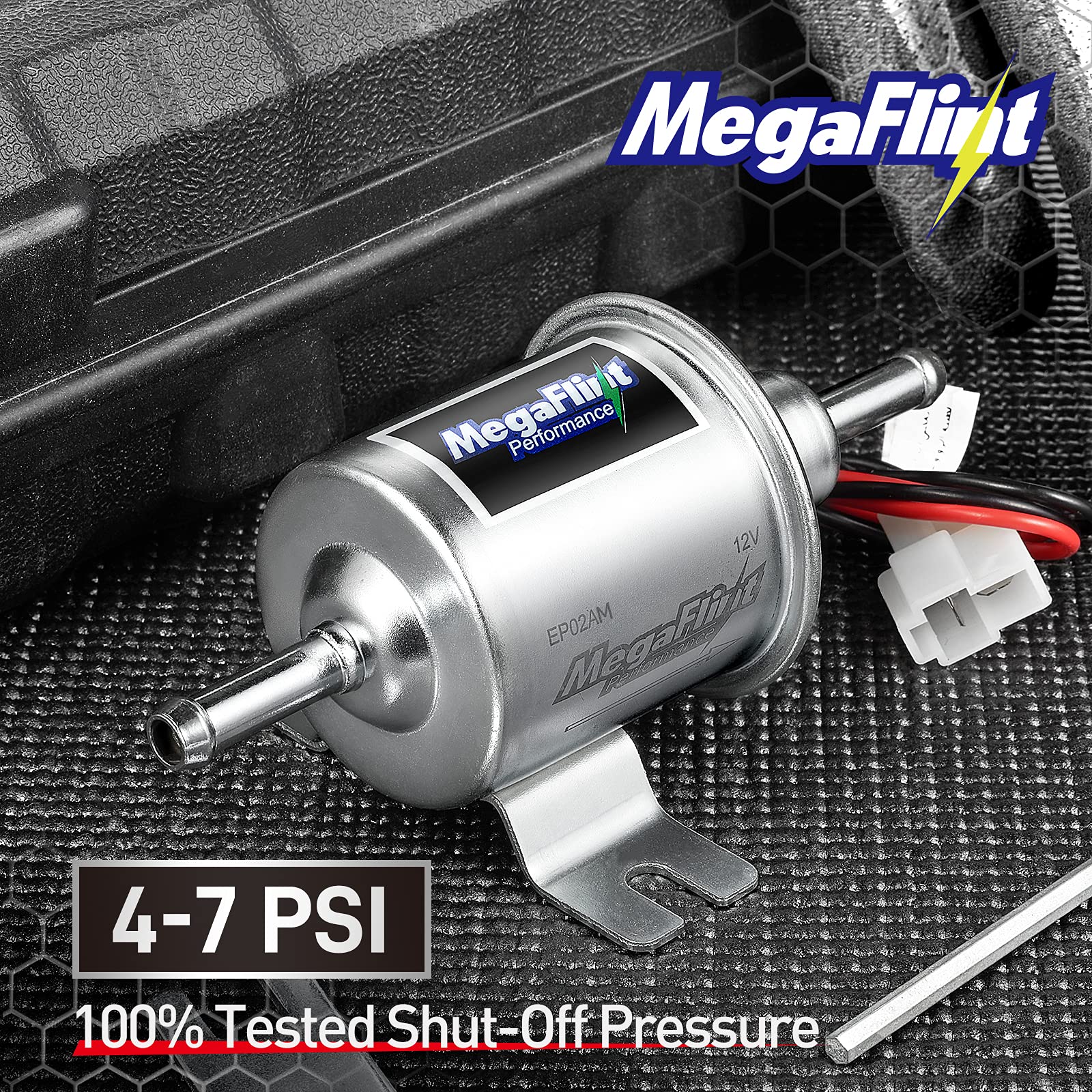 Megaflint Inline Electric Fuel Pump - 12V Low Pressure 4-7 PSI for Carburetor Gasoline & Diesel - Model HEP-02A