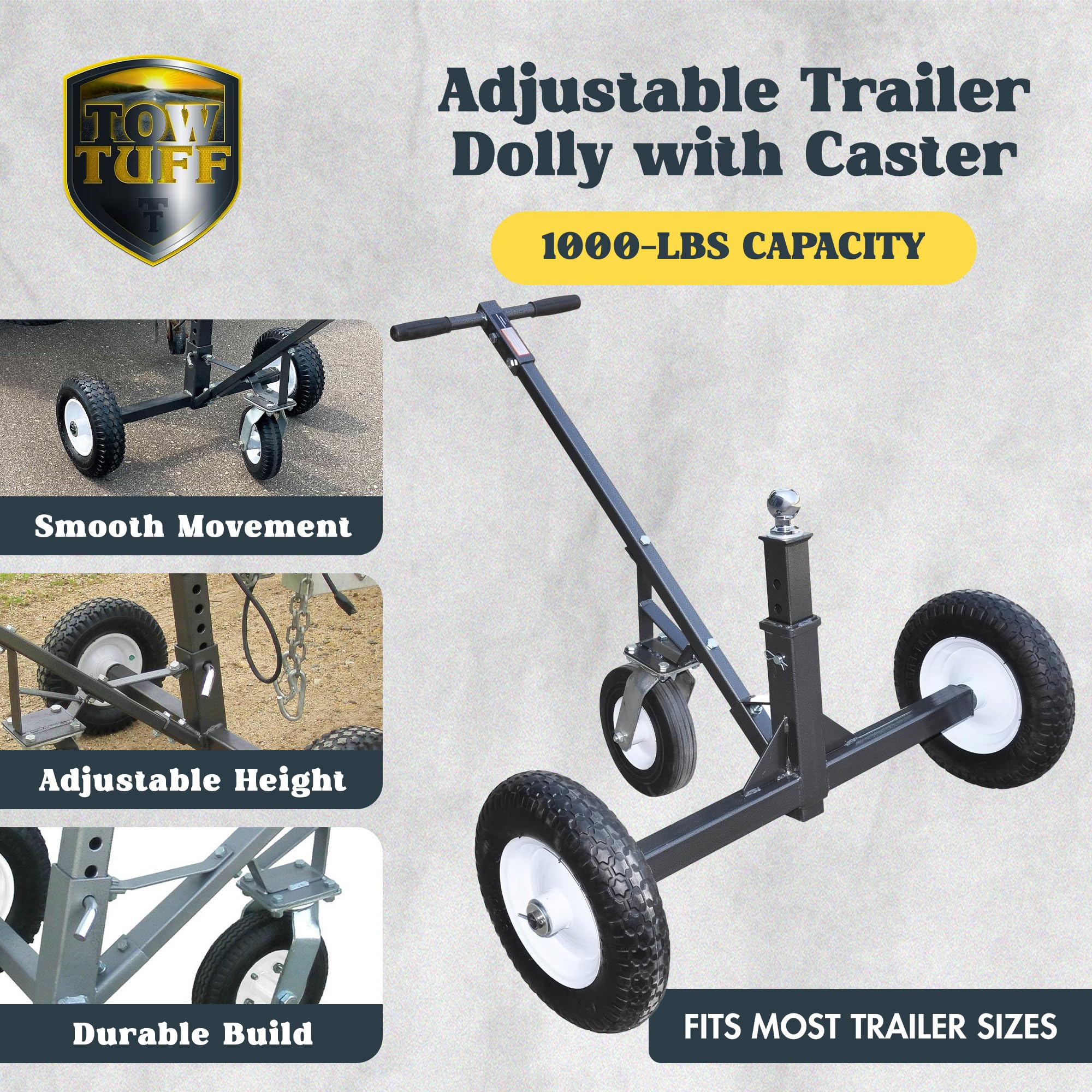 Tow Tuff Adjustable Steel Trailer Dolly w/ 16&quot; Tires & 10&quot; Swivel Caster, 1000 lb Capacity