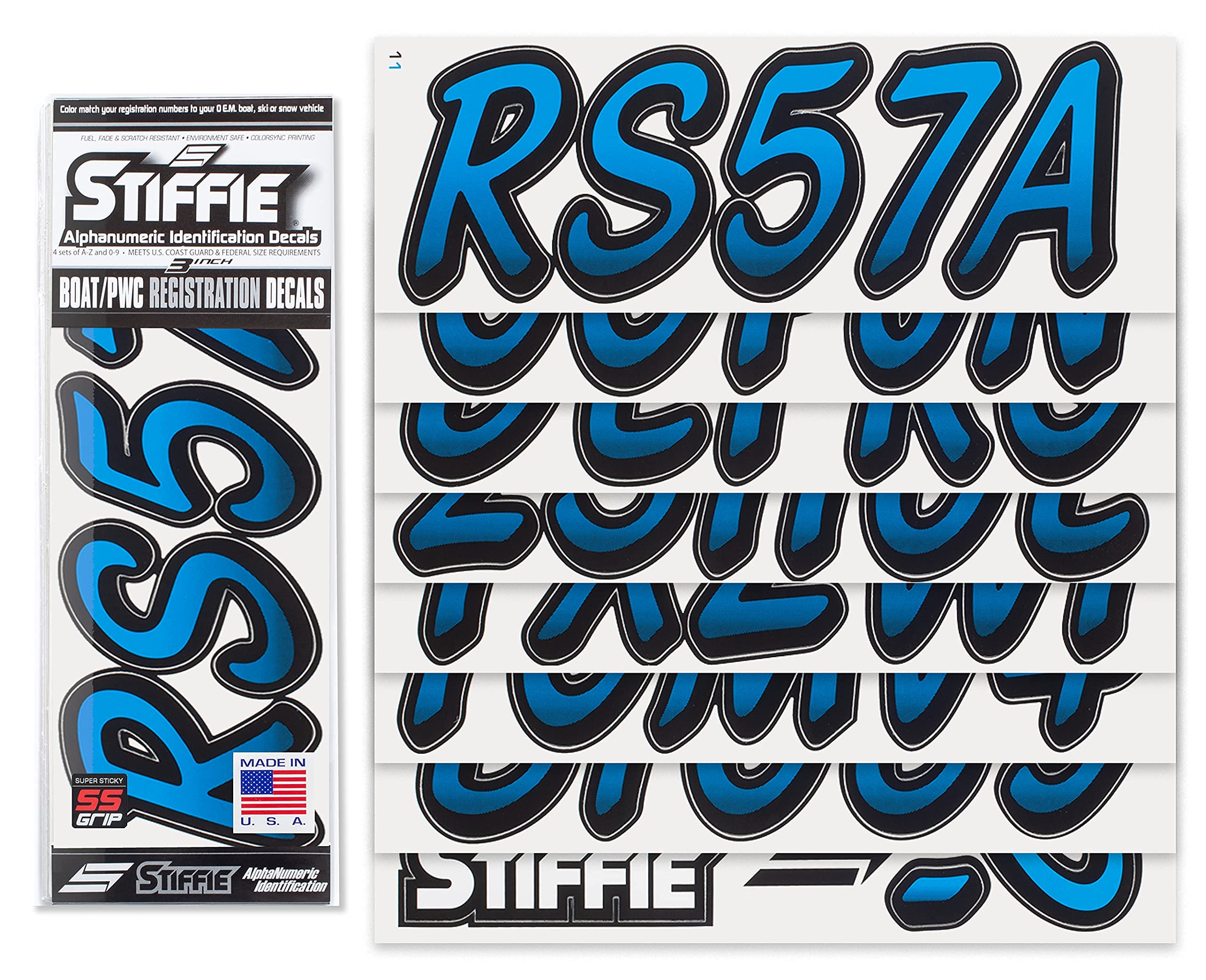 STIFFIE Whipline Blueberry/Black 3'' Super Sticky Boat & PWC Registration Decals  Numbers Letters Stickers