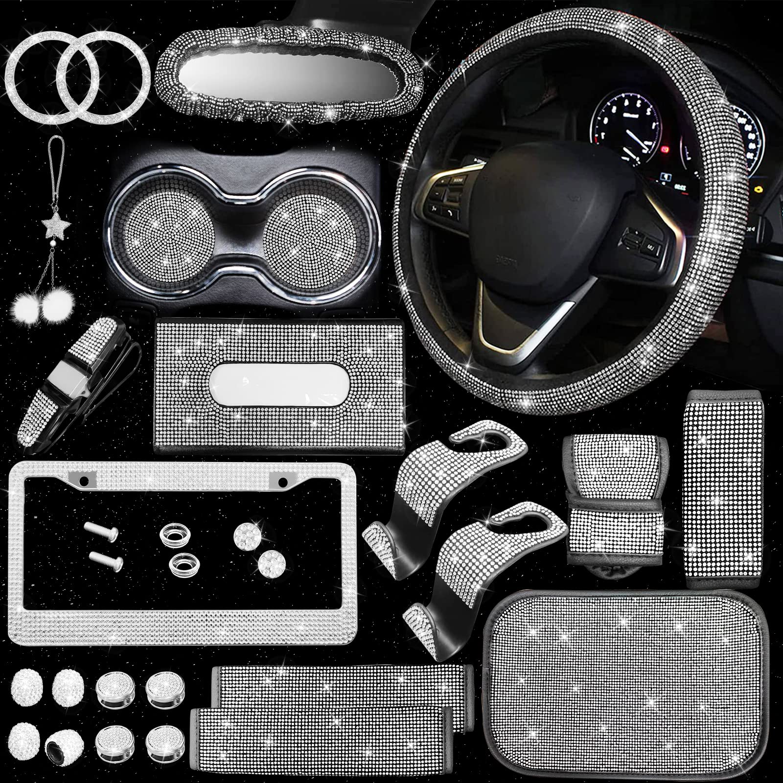 Jingsen 25Pcs Bling Car Parts Set, Car Parts Set Female Plug Universal 15 Inch, Shiny License Plate Frame, Center Console Cover