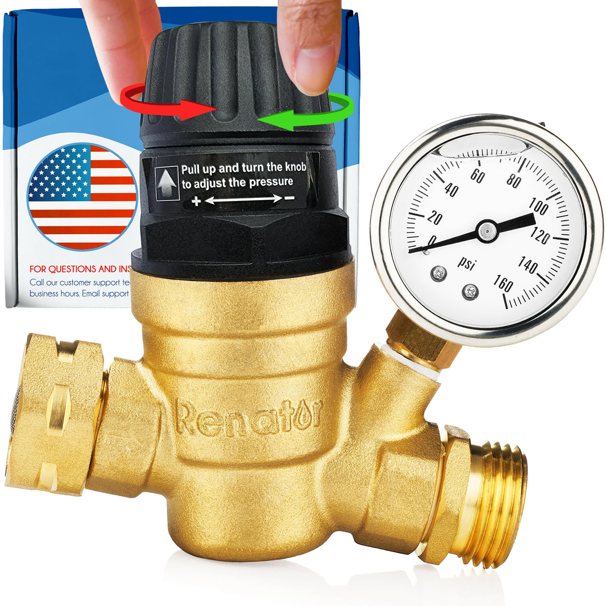 Renator Rv Water Pressure Regulator For Rv Camper. Brass Lead-Free Adjustable Rv Water Pressure Regulator With Gauge. Rv Water R