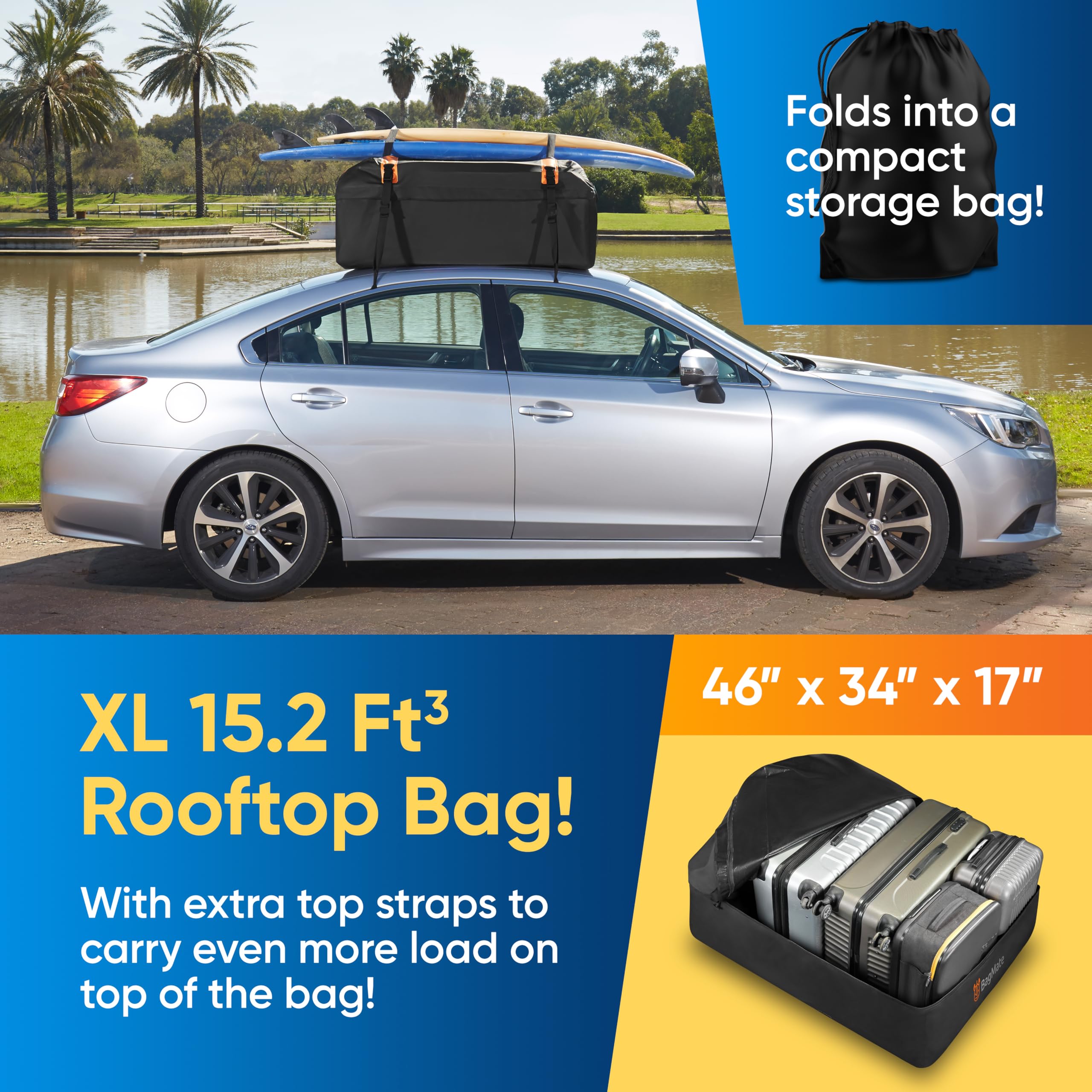 Bagmate Waterproof Car Roof Bag - Car Rooftop Cargo Carrier Bag - 15 Cubic Ft Roof Rack Cargo Carrier, Includes Anti-Slip Mat, 4