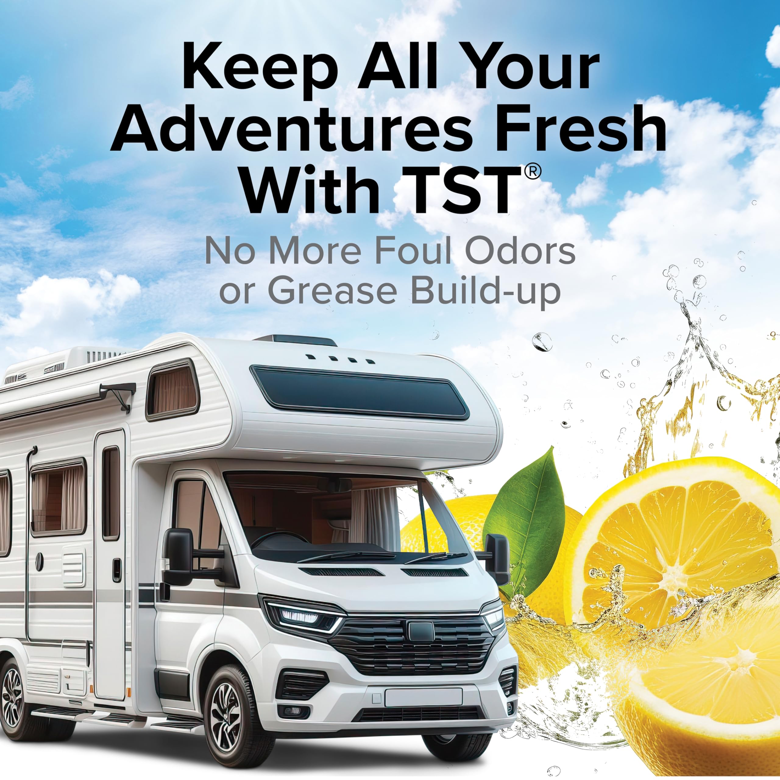 Camco Tst Camper/Rv Grey Water Odor Control - Removes Grease Buildup In Gray Water Tank, Sink & Shower Drains - 4Oz Treats 40-Gal Holding Tank - Safe Septic Tank Treatment - Lemon, 64 Oz (40256)