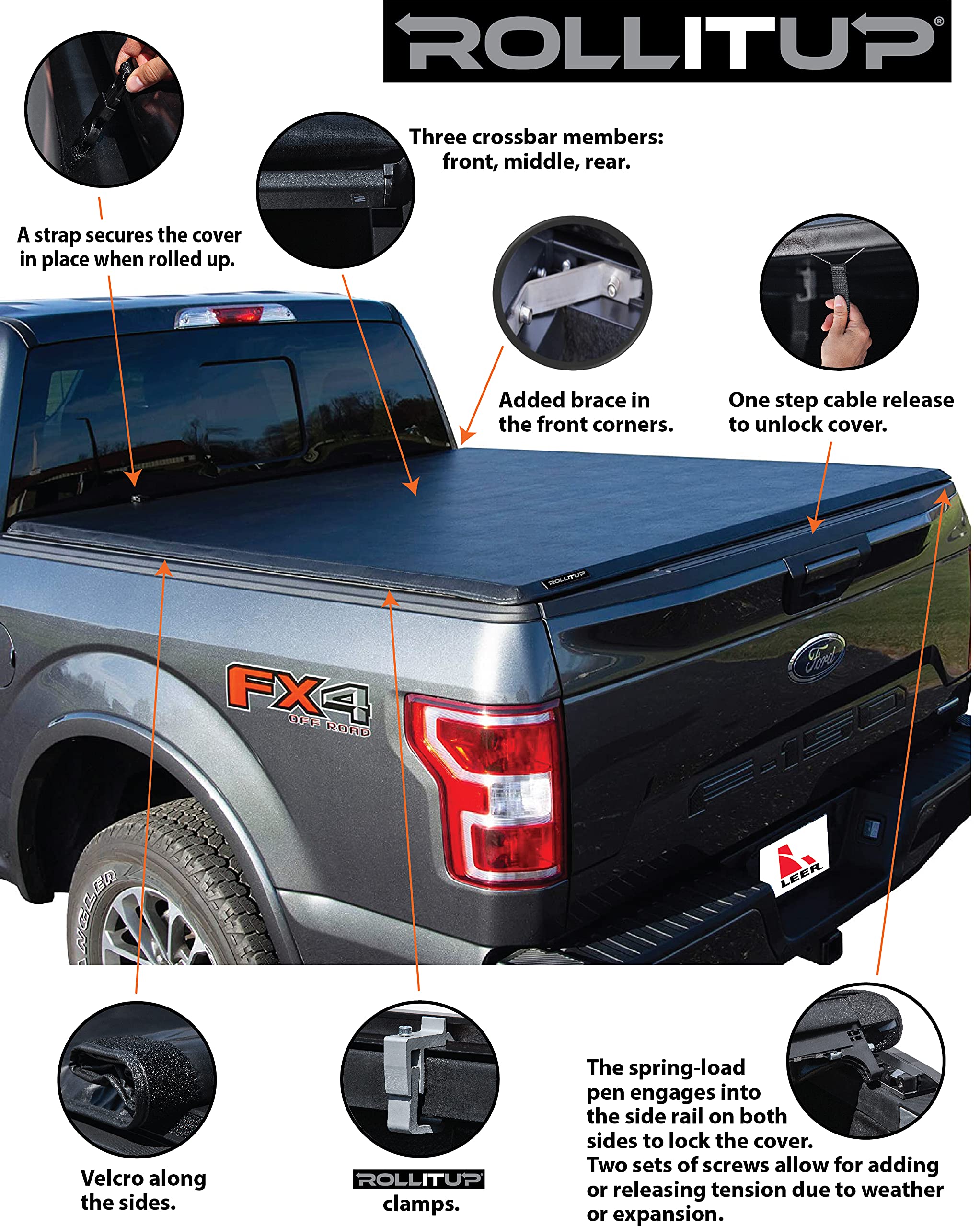 Leer Rollitup | Compatible With 2015-2023 Ford F-150 With 5.6' Bed | Soft Roll Up Truck Bed Tonneau Cover | 4R112 | Low-Profile,