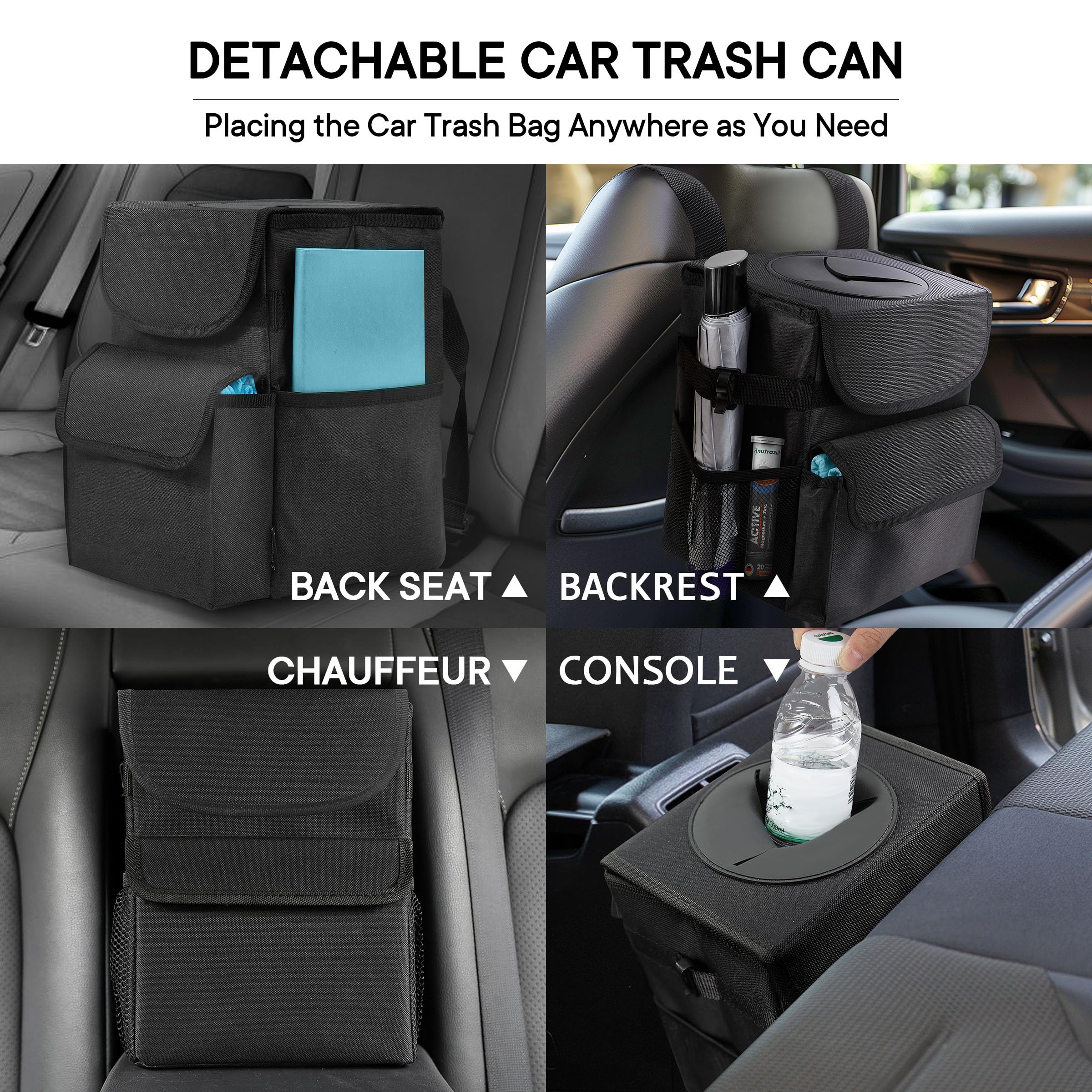time2go Car Trash Can with Lid and Storage Pockets - 100% Leak-Proof Organizer, Waterproof Garbage Can Car Accessories