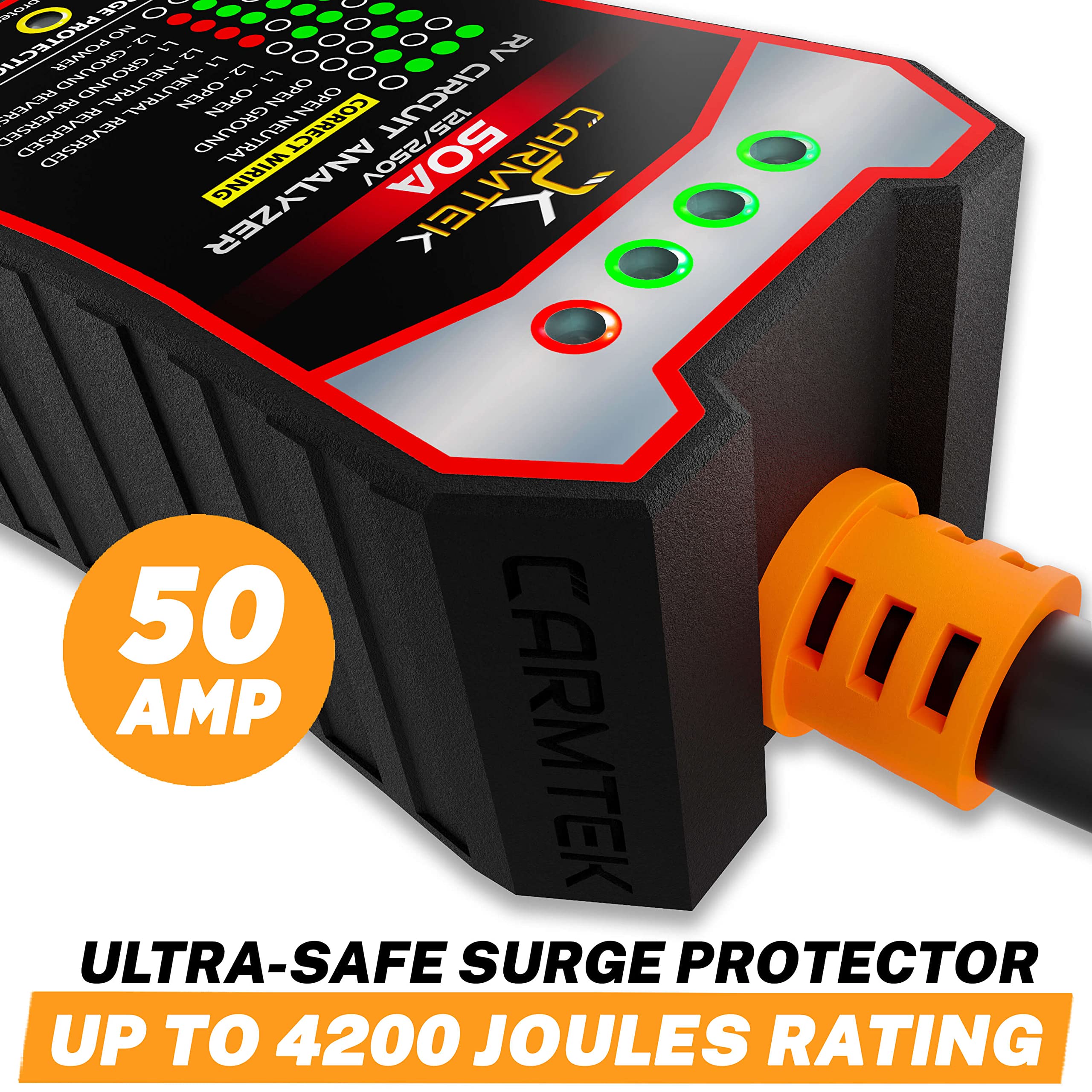 Carmtek Rv Surge Protector 50 Amp - Rv Circuit Analyzer With Integrated Surge Protection - Smart 50 Amp Surge Voltage Defender W