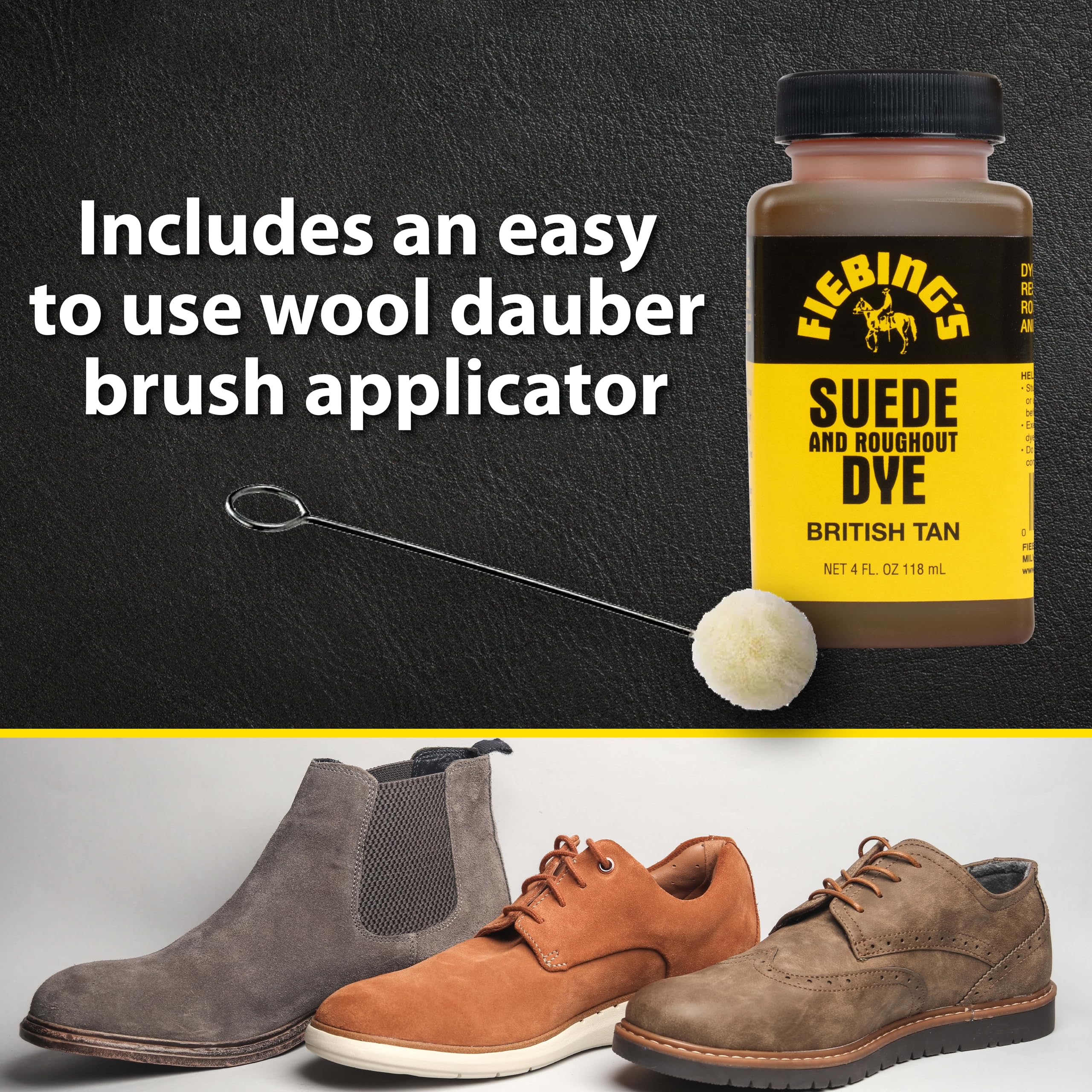 Fiebing's British Tan Suede Dye (4 oz) - Recolor, Brighten & Restore Suede & Roughout Leather Shoes, Furniture, Purse - Includes