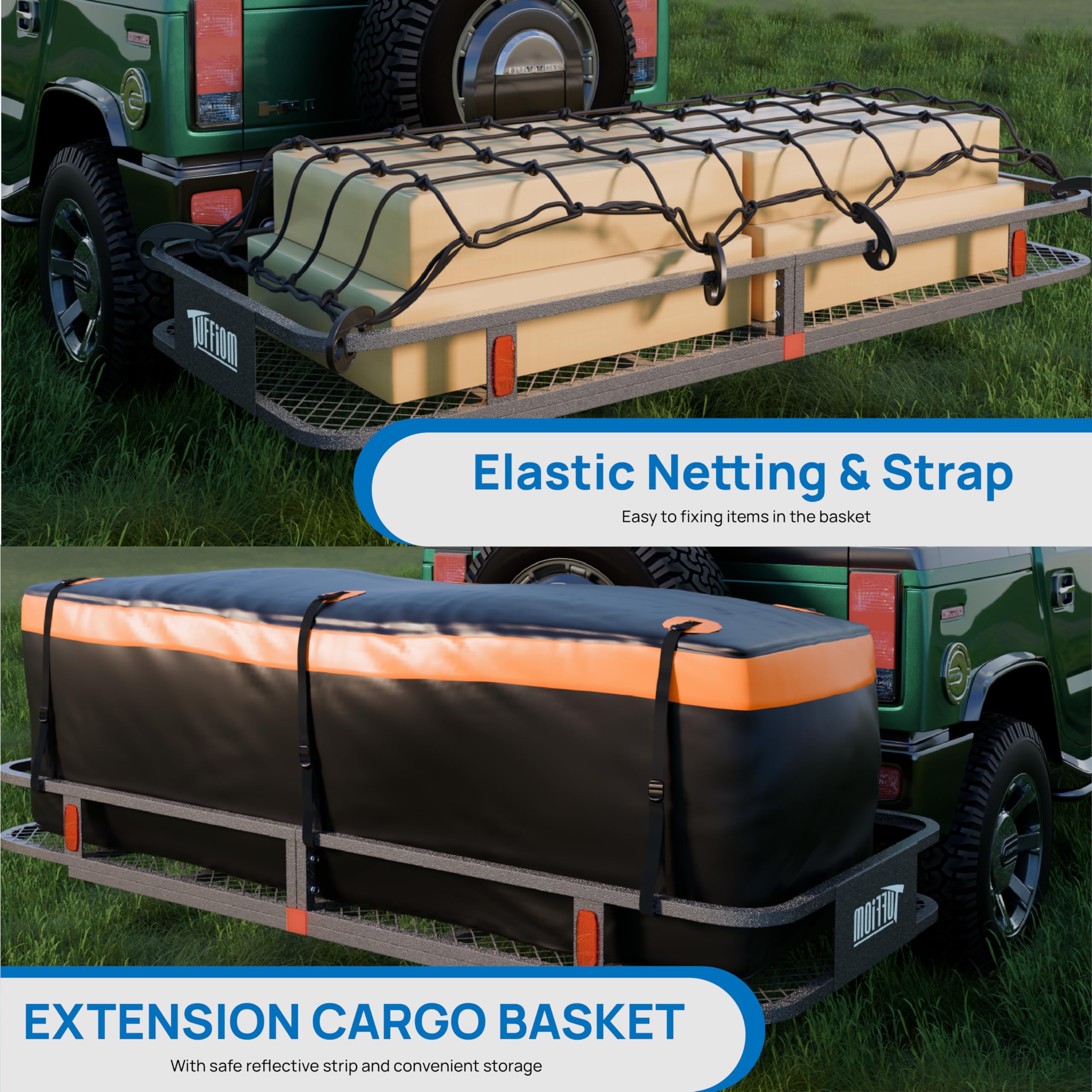 Tuffiom 60''X24''X6'' Folding Hitch Mount Cargo Carrier Basket, 500Lbs Steel Car Cargo Trailer Hitch Luggage Rack, W/Hitch Lock+