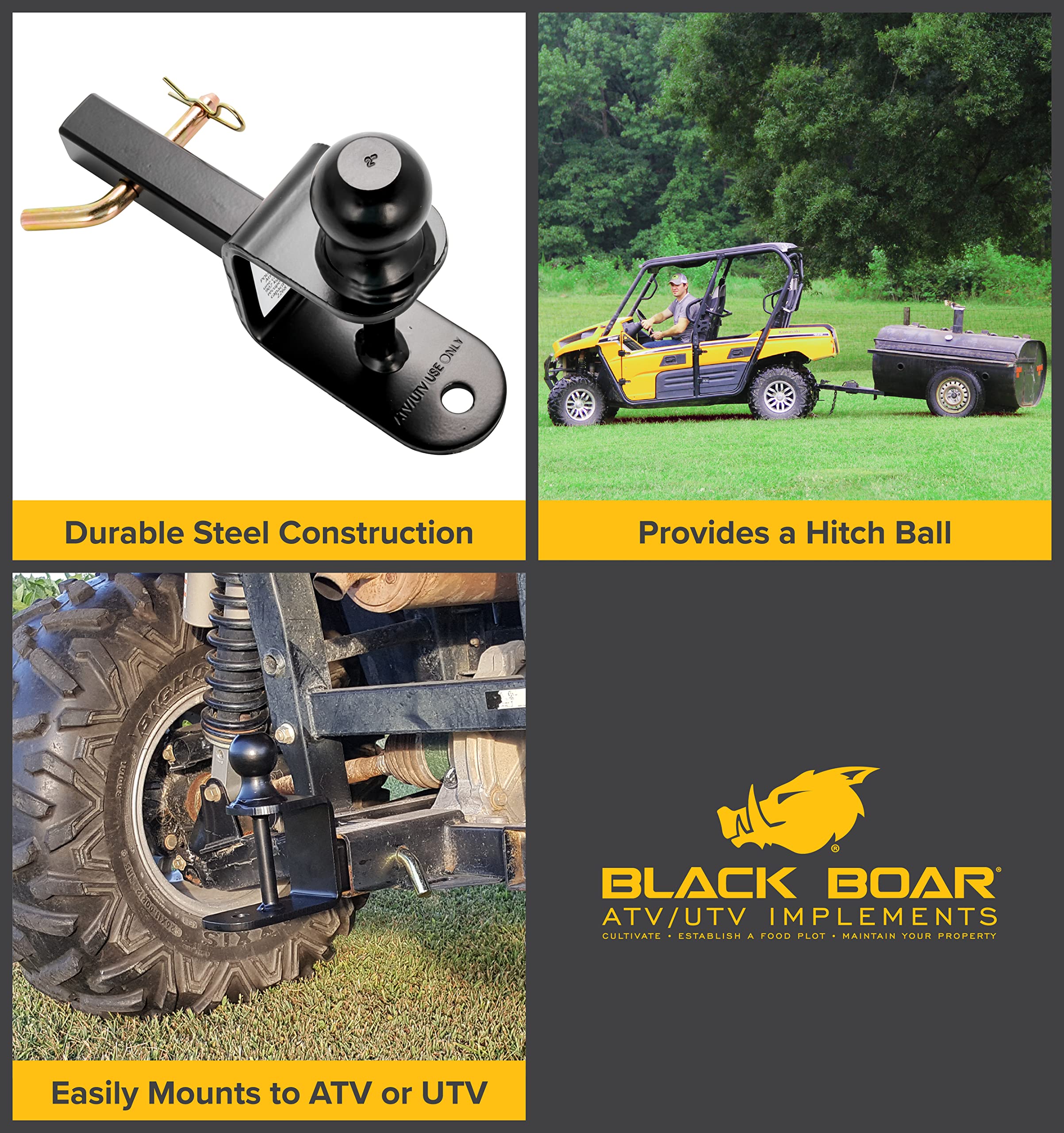 Black Boar Camco Black Boar Atv/Utv Multi-Hitch  Features A 2-Inch Ball, 1 -Inch Shank, 5/8-Inch Pin Hole, -Inch Hitch Pin And A