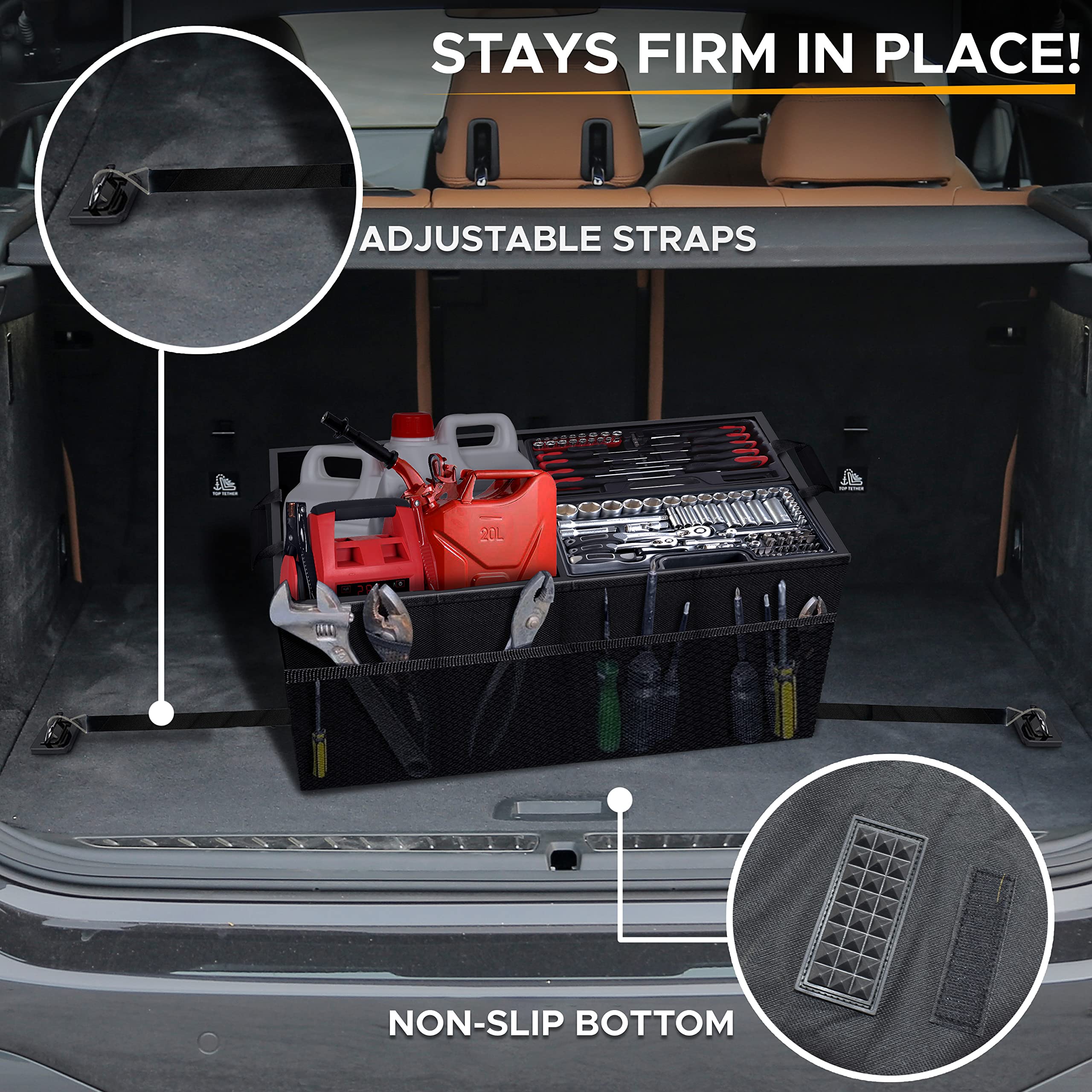 EcoNour Car Storage Organizer, Collapsible Multi Compartment SUV Trunk Organizer, Non Slip Bottom, Adjustable Securing Straps (Black, Standard Size)