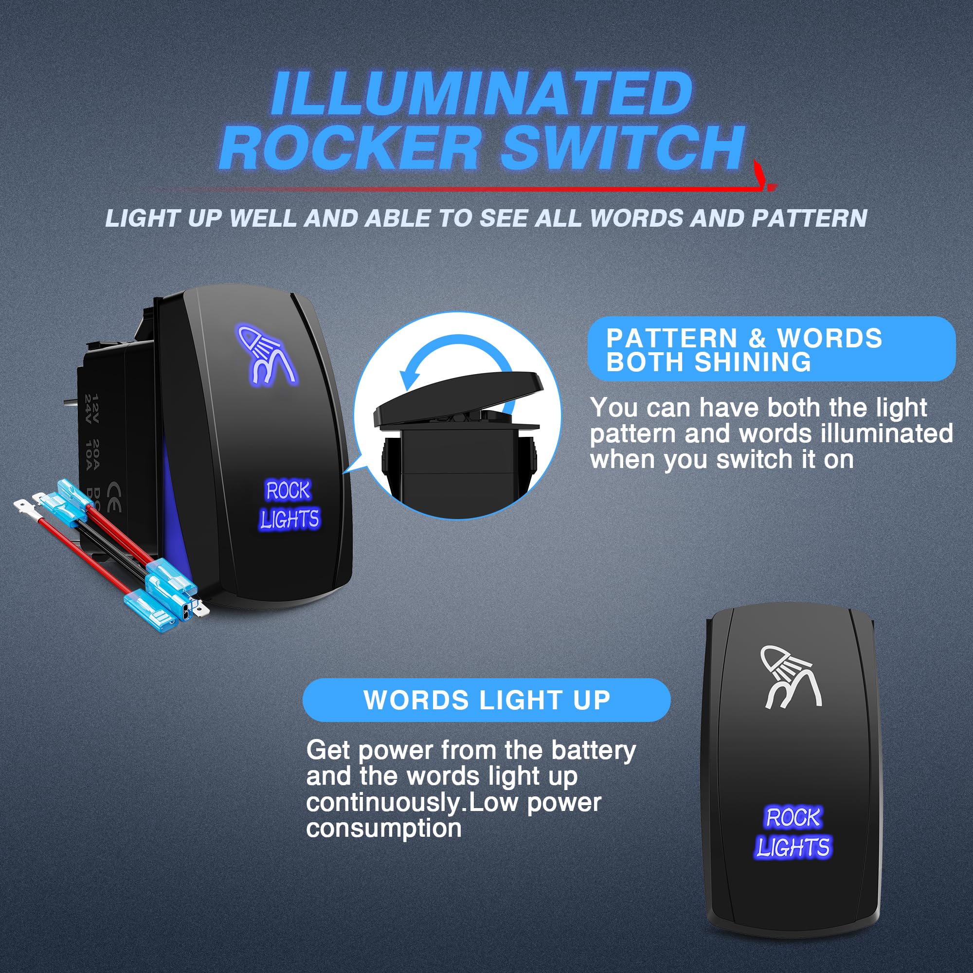 Mictuning Blue Rock Lights Rocker Switch Kit- On/Off Blue Led Light 20A 12V (Ls083501Jl)