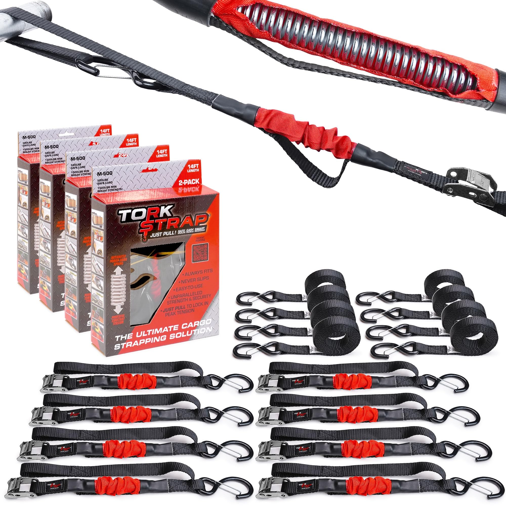 Torkstrap M500 | 14' X 1'' Self Tensioning Tie Down Straps - Automatically Adapt To Load Shifts - 1,500Lb Break Strength - Pull