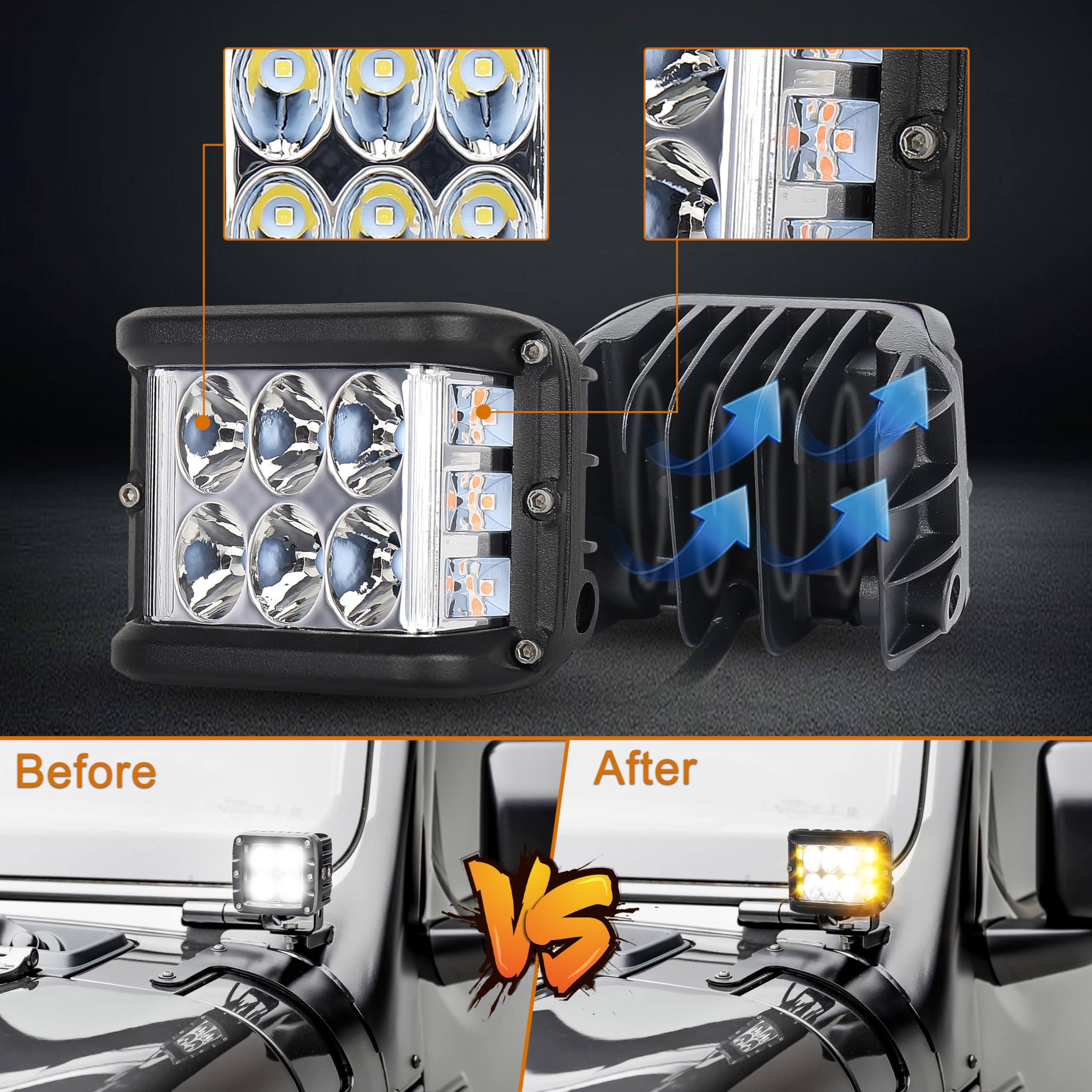 Hoyuza Side Shooter Pod Lights 4 Inch Dual Side Yellow Strobe Led Cube For Farm Tractor Plow Truck Atv Utv Offroad