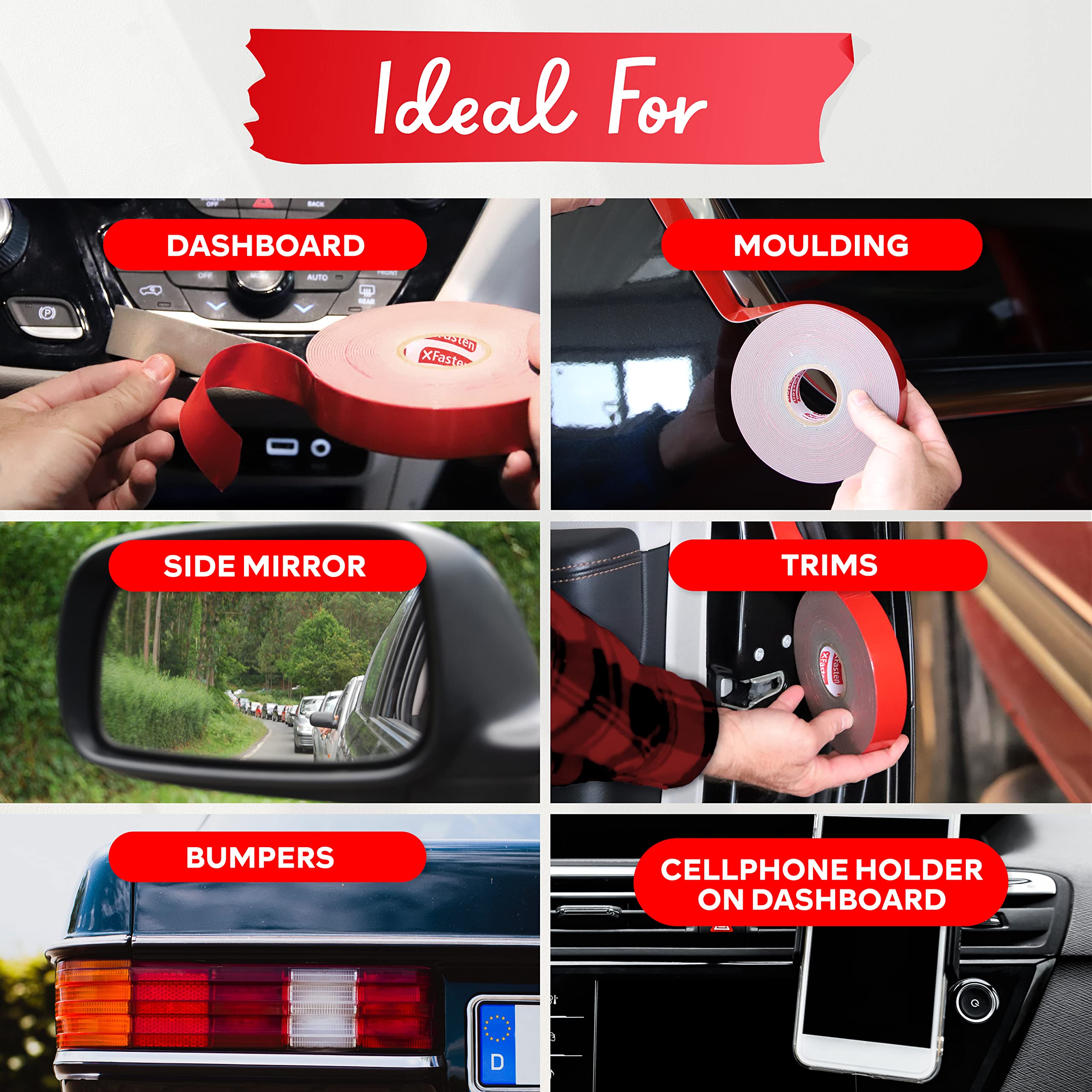 Xfasten Super Strength Automotive Molding Tape, Gray, 1/2-Inch X 30-Foot, Double Sided Exterior Mounting Tape For Auto Body Molding, Trim, Side Mirror, Emblem, Nameplate And Outdoor Applications