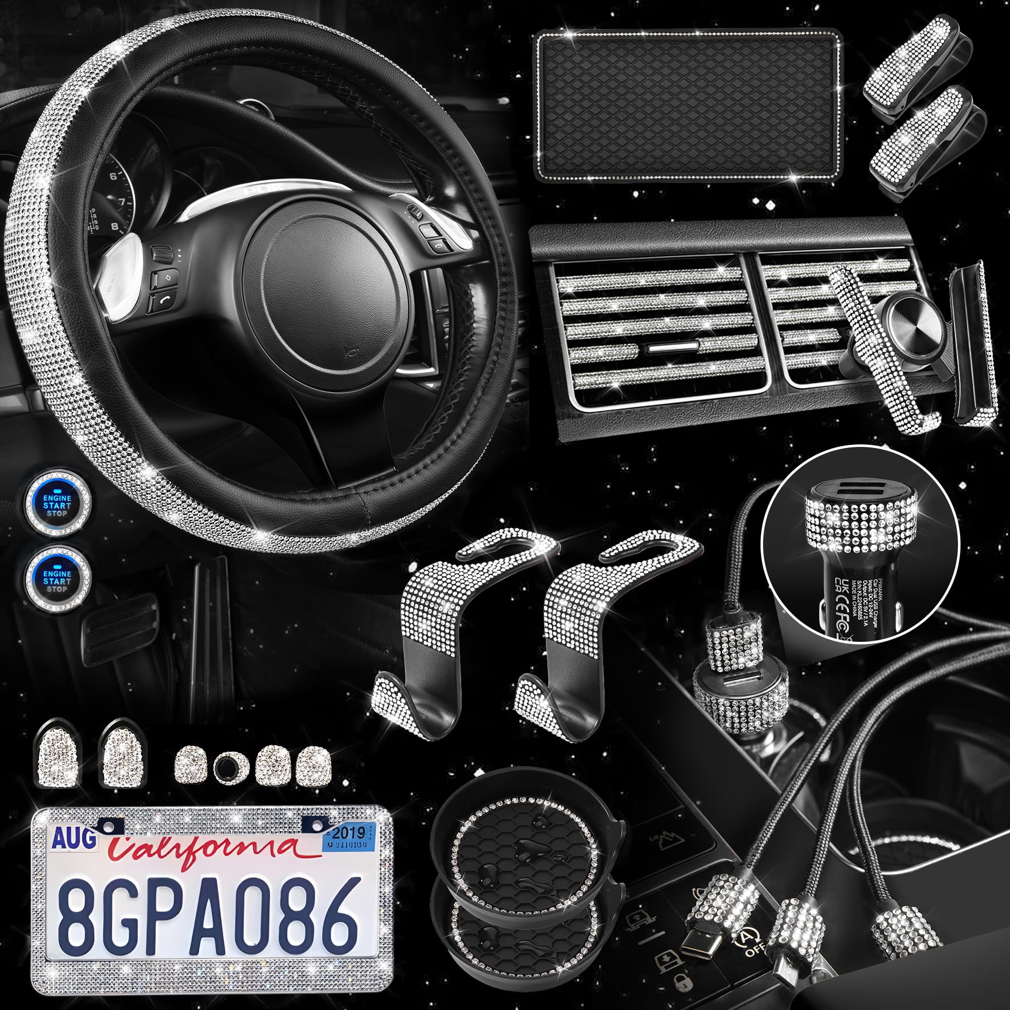 CAR PASS 30 PCS Bling Car Accessories Set for Women, Bling Steering Wheel Covers 15 Inch, Shining Rhinestone License Plate Frame