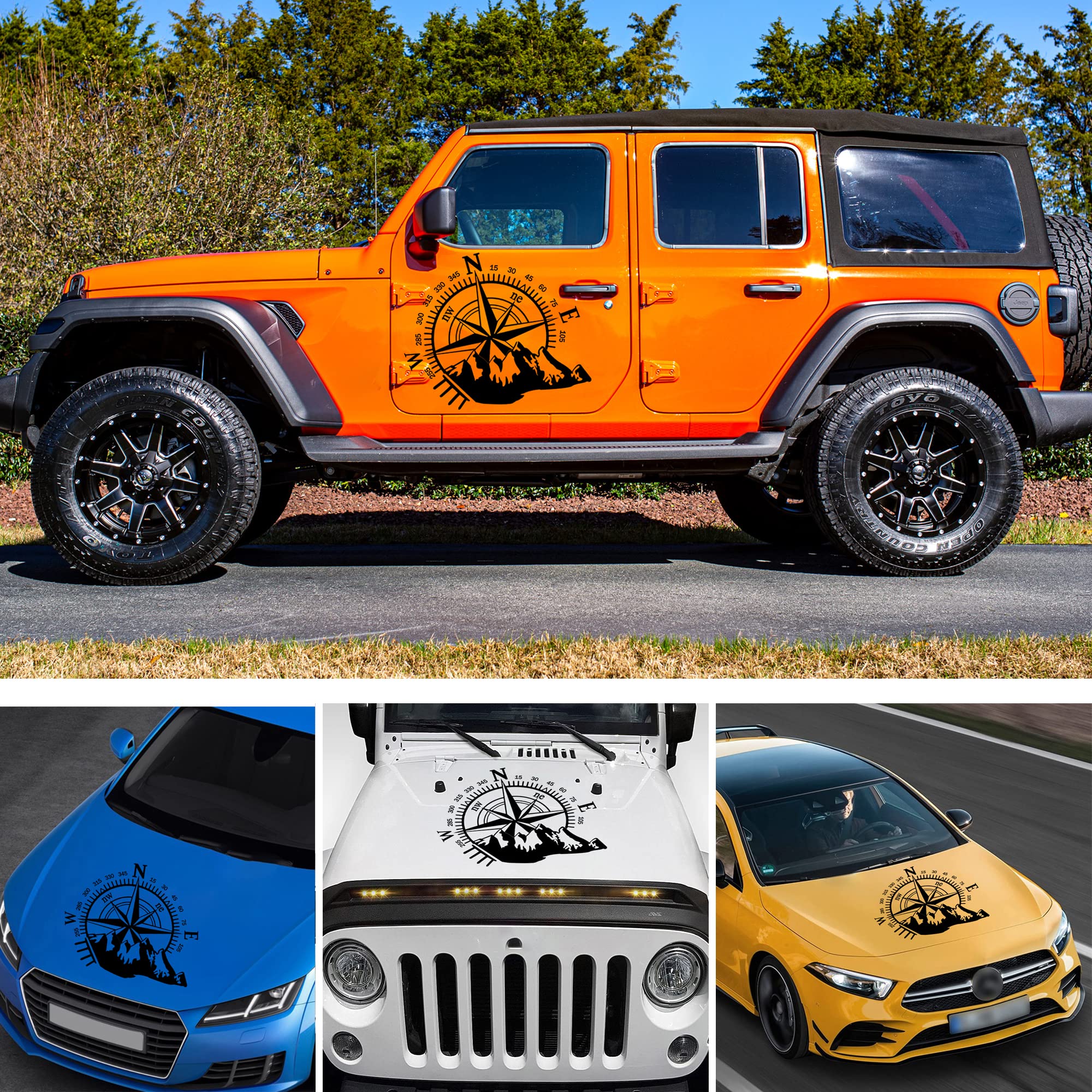 Fochutech Car Decals Compass with Mountain Hood Stickers Waterproof Vinyl Hood Decals Car Side Decals and Graphics Compass Hood Decals for RV Truck SUV Car Exterior Decoration 1 PCS (Black)