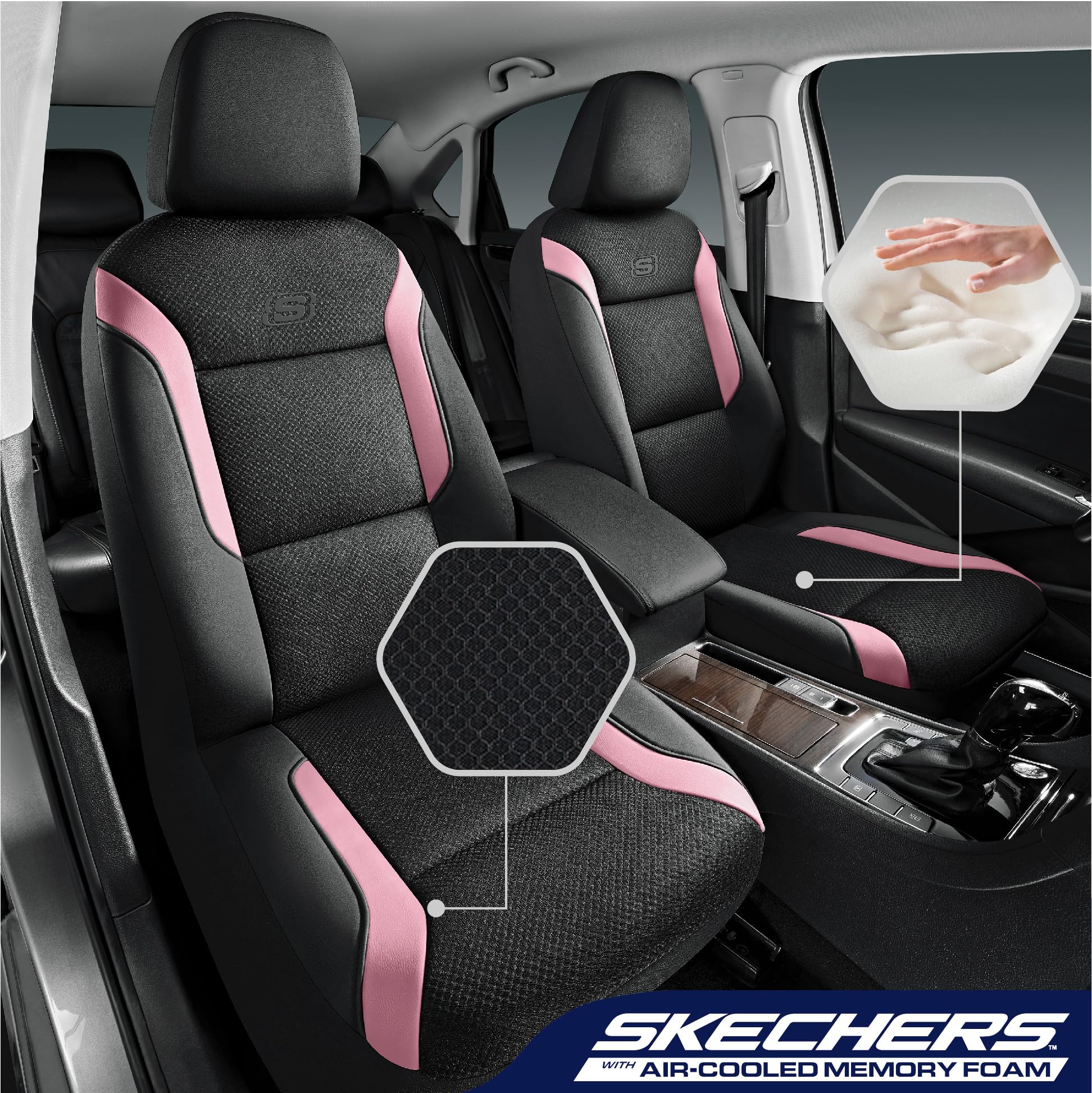 Skechers Memory Foam Car Seat Covers, Air Cool Mesh Thick Seat Covers, Two Front Seat Cover, Airbag Compatible, Automotive Comfo