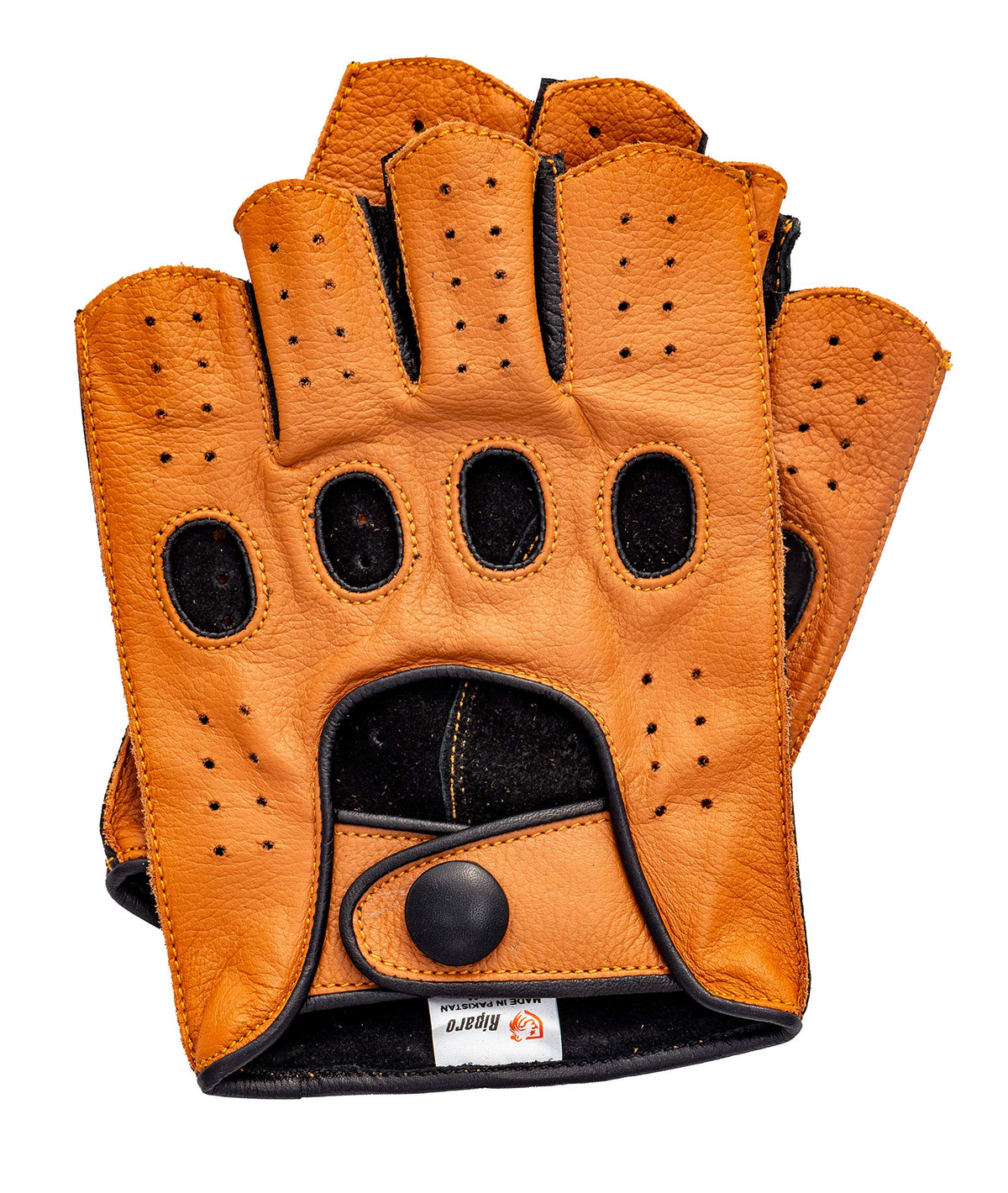 Riparo Mens Leather Reverse Stitched Fingerless Half-Finger Driving Motorcycle Gloves (Small, Cognac/Black)