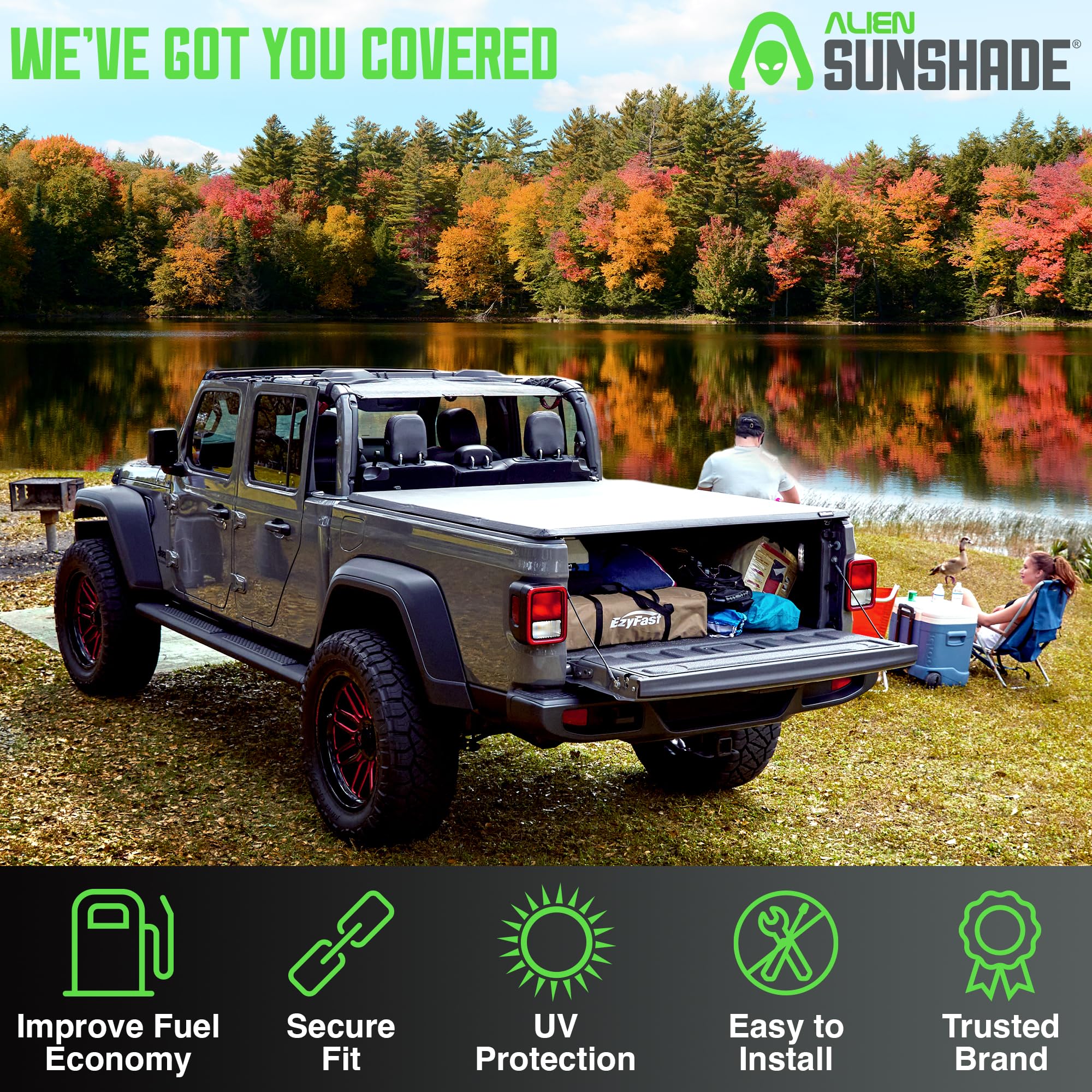 Alien Sunshade Jeep Gladiator Bed Cover - Jeep Gladiator Accessories, 5ft Trifold Hard Truck Bed Tonneau Cover w/ 2020-2025 Comp