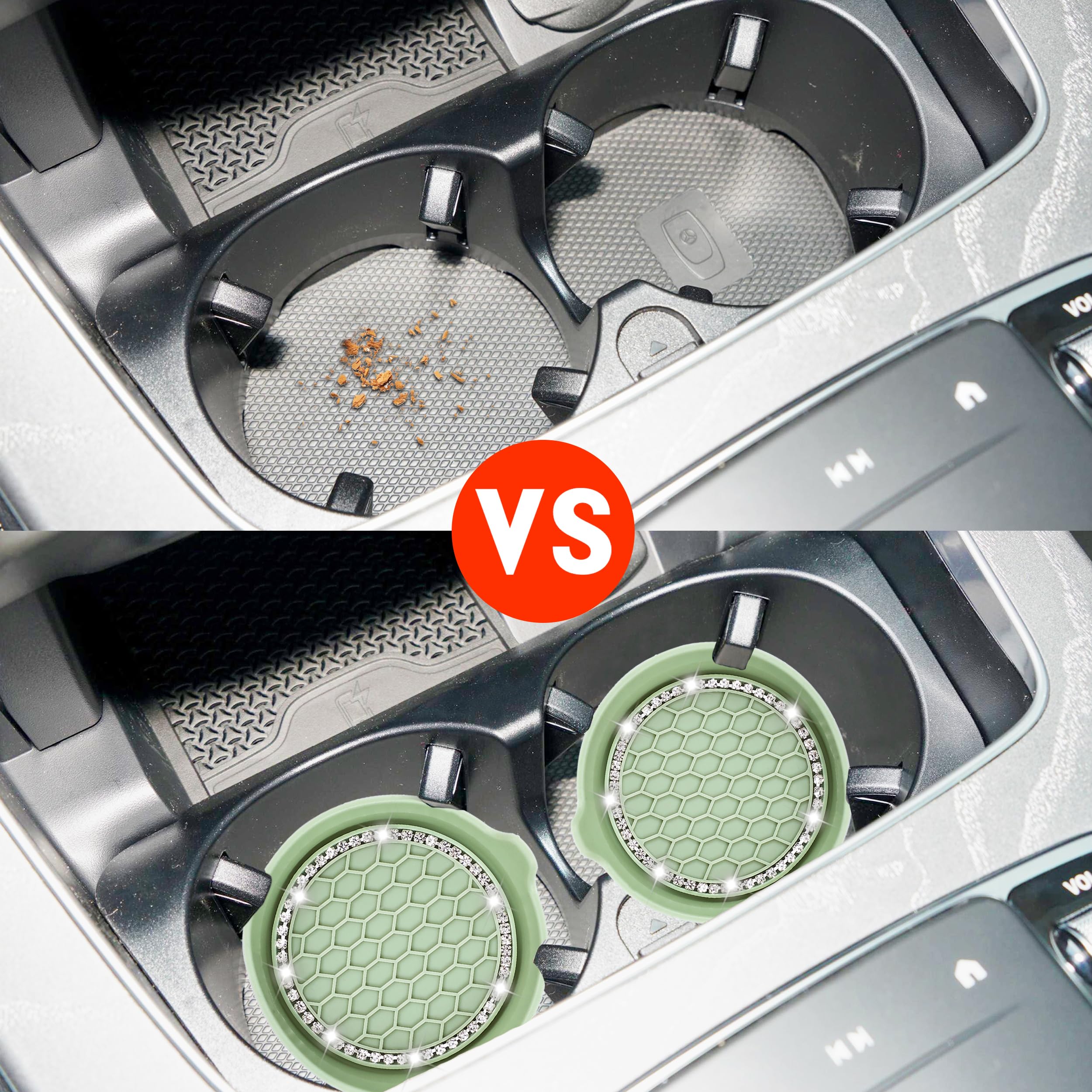 Amooca Car Cup Coaster Universal Non-Slip Cup Holders Bling Crystal Rhinestone Car Interior Accessories 4 Pack Tea Green