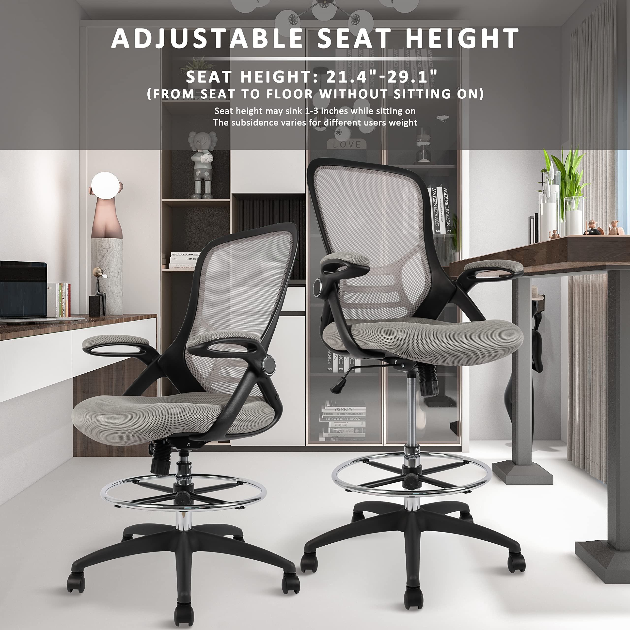 HYLONE High-Back Drafting Chair, Grey Mesh Office Stool with Flip-Up Arms, Adjustable Foot Ring, Tall Design for Standing Desks, 51.4 Height