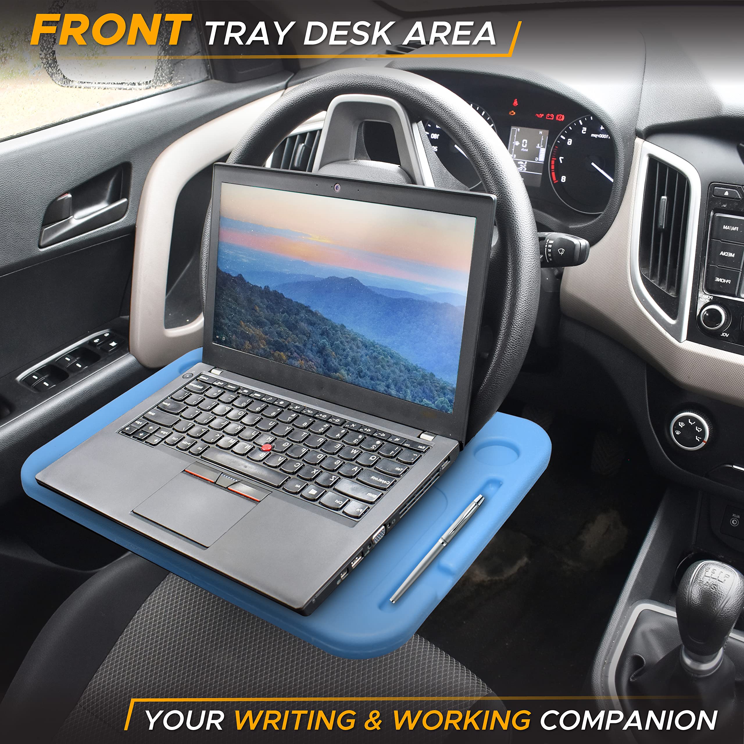 Econour 2 In 1 Car Steering Wheel Desk (Blue) | Steering Wheel Tray For Laptop Car Mount With Pen Holder | Car Food Tray For Eat