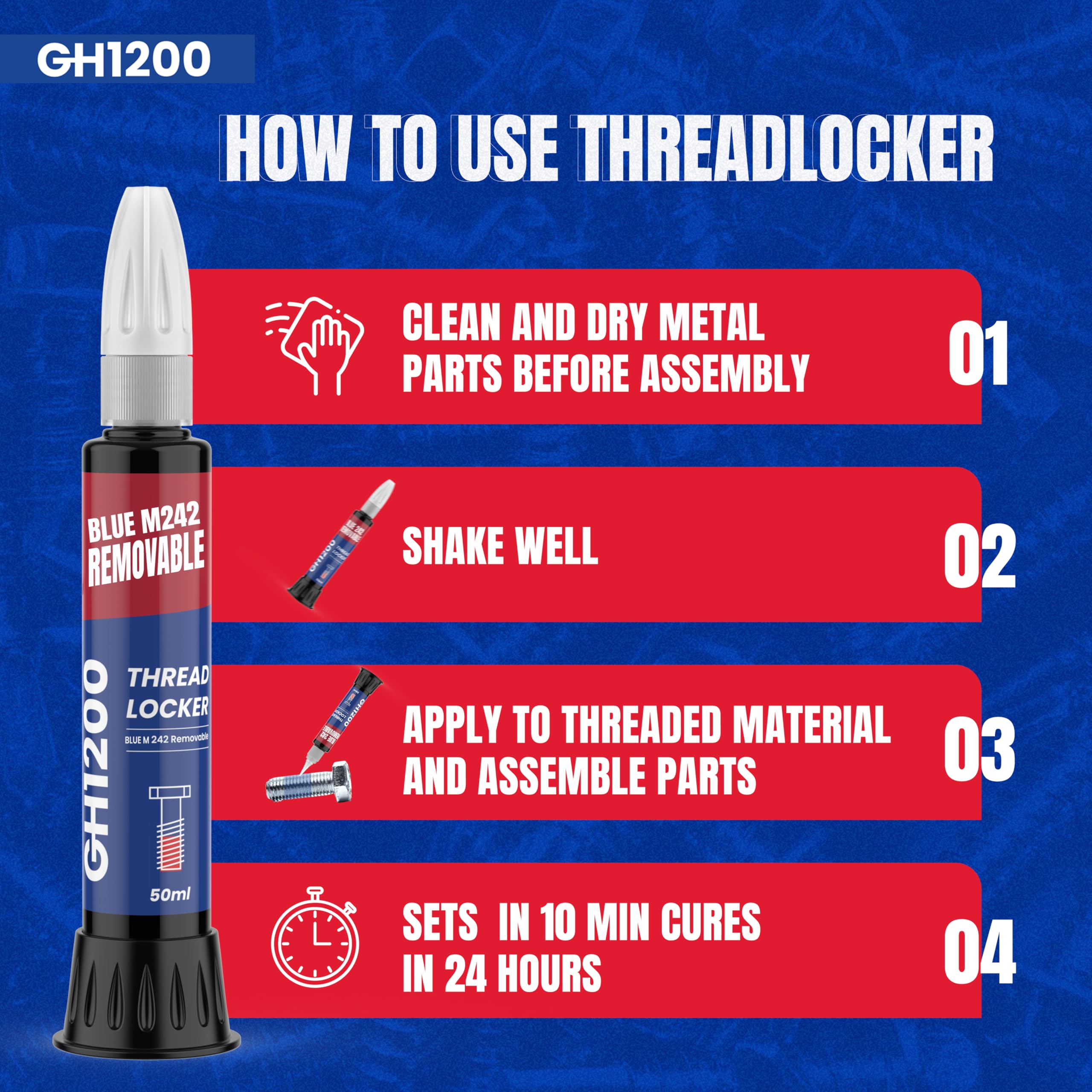 Gh1200-50Ml Blue Thread Lock Medium Strength For Nuts, Bolts, And Metals - Threadlocker Lock Tight & Seal Fasteners With Stable