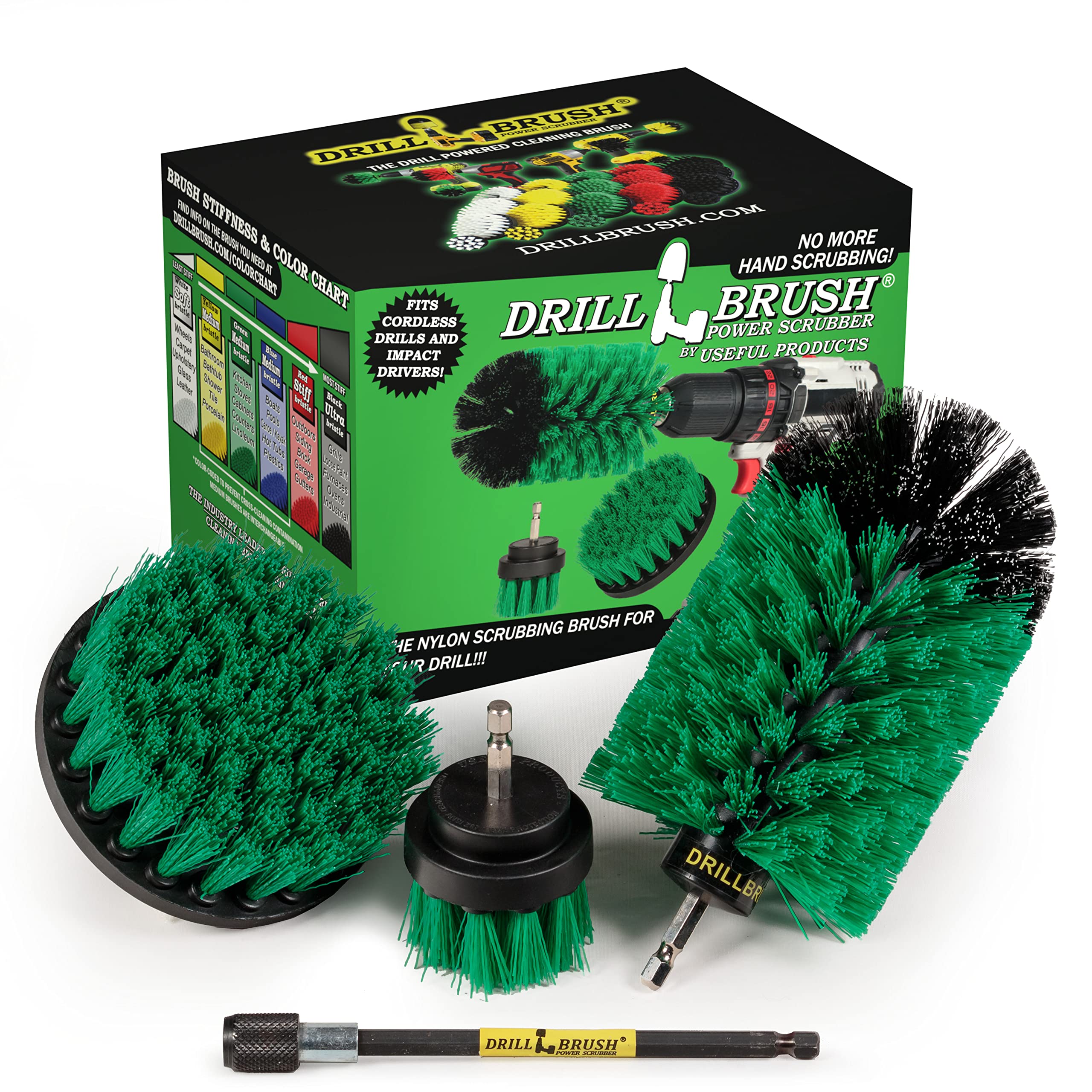 Drill Brush Power Scrubber By Useful Products - Drillbrush Green Kitchen Drill Brushes With Long Reach Extender - Drill Brush Ex