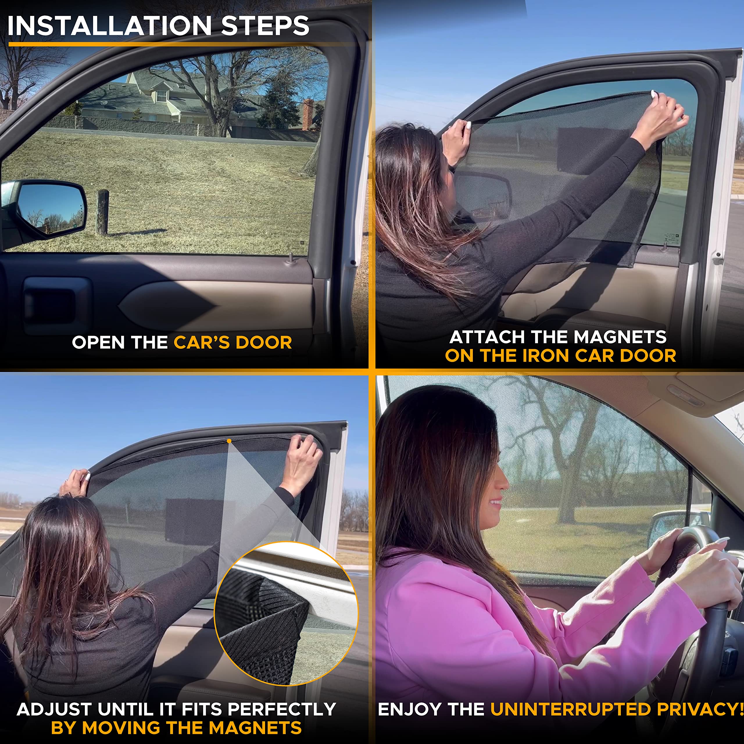 EcoNour Magnetic Side Window Sunshade (2 Pack) | Universal Car Window Shades for Front Windows with Privacy Blackout | Black, 24