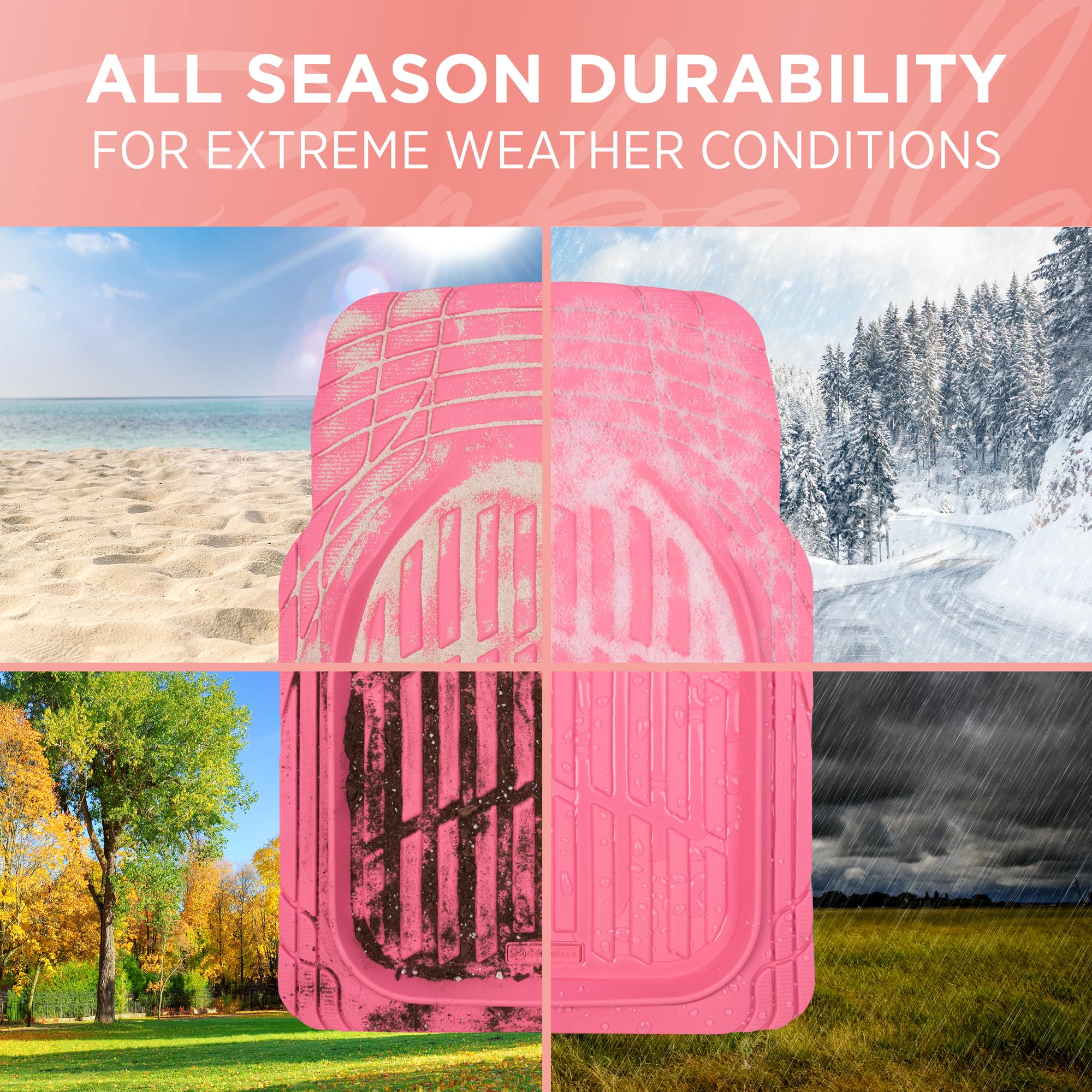 Carbella Rubber 4-Piece Pink Car Floor Mats - Universal Trim To Fit All Weather Pink Car Accessories - Girl Car Accessories For