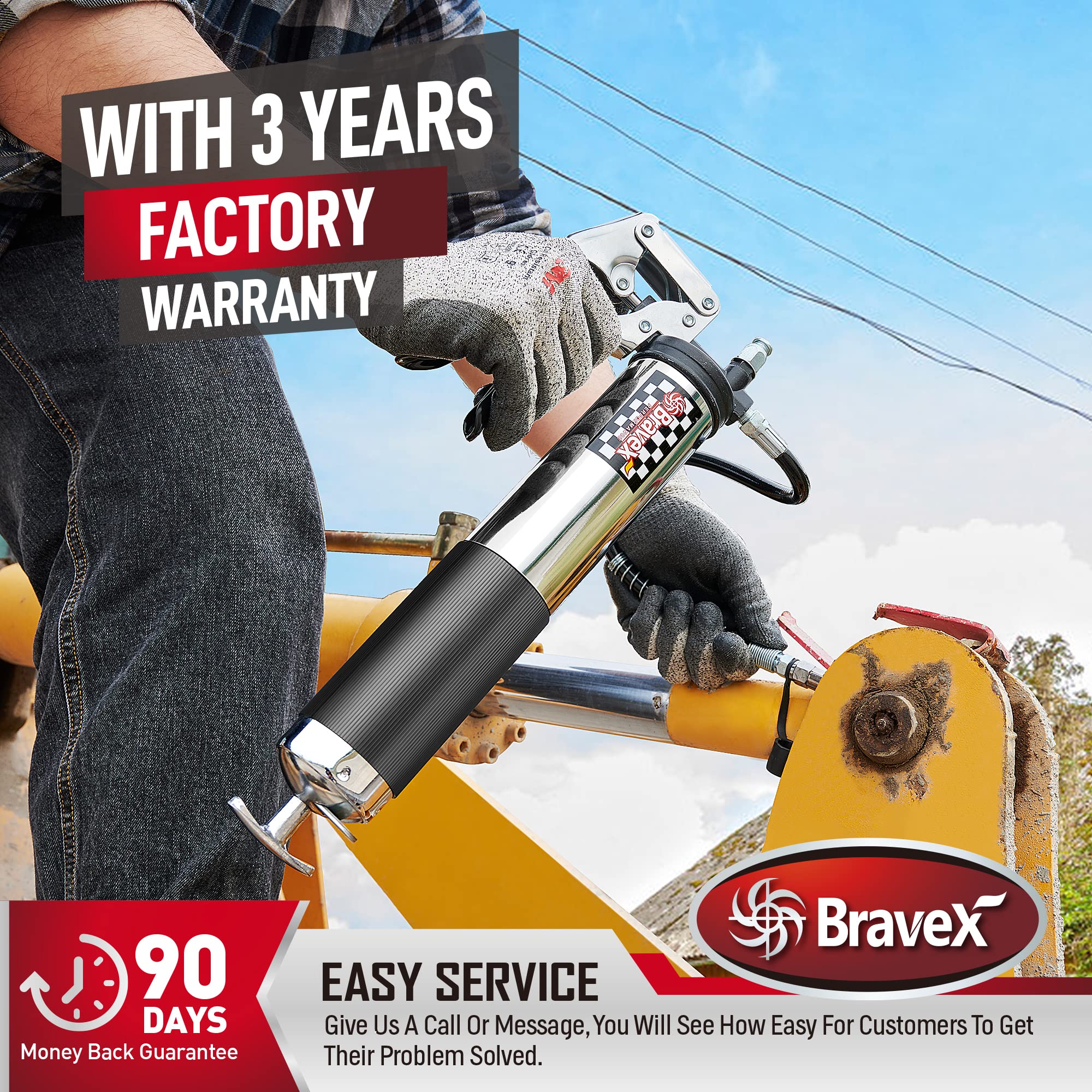 Bravex Pistol Grip Grease Gun Heavy Duty Professional 6000 Psi W/Quick Release Coupler - 18 Inch Flex Hose