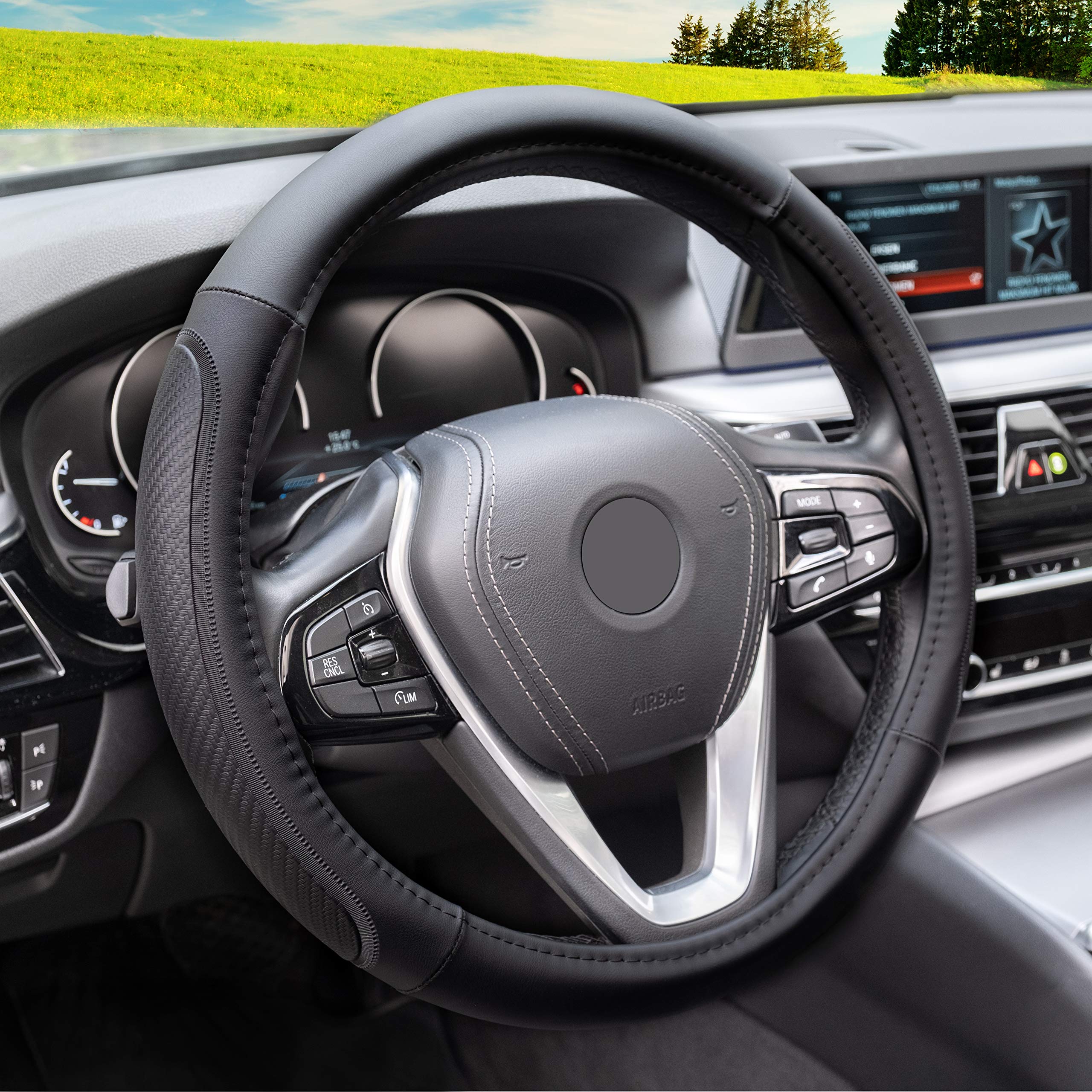 Magnelex Microfiber Leather Steering Wheel cover - Black Heat Resistant Anti-Slip car Wheel Wrap - compatible with Most Makes an
