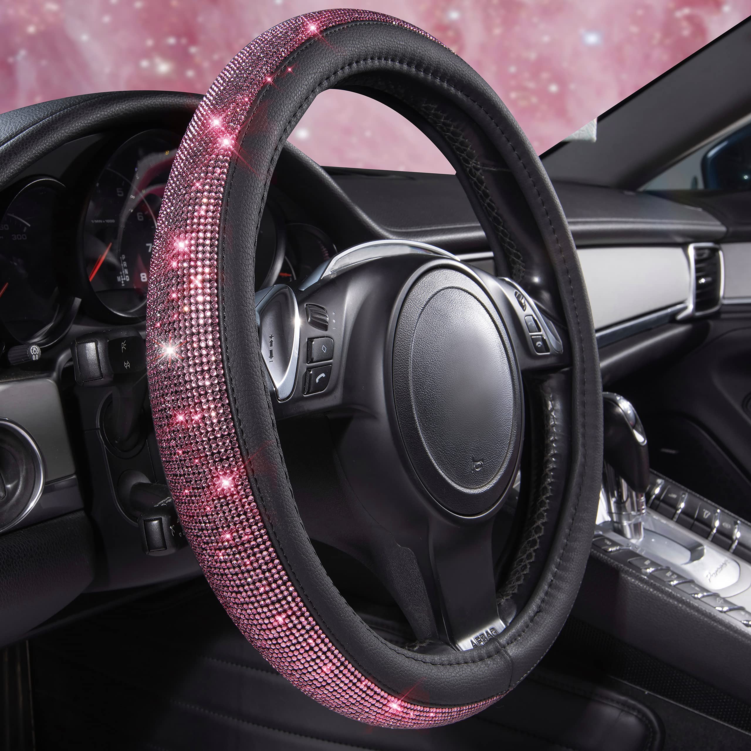 Car Pass Bling Diamond Leather Steering Wheel Cover, Bling Sparkly Crystal Glitter Rhinestones Universal Fit 14'' 1/2-15'' Car W