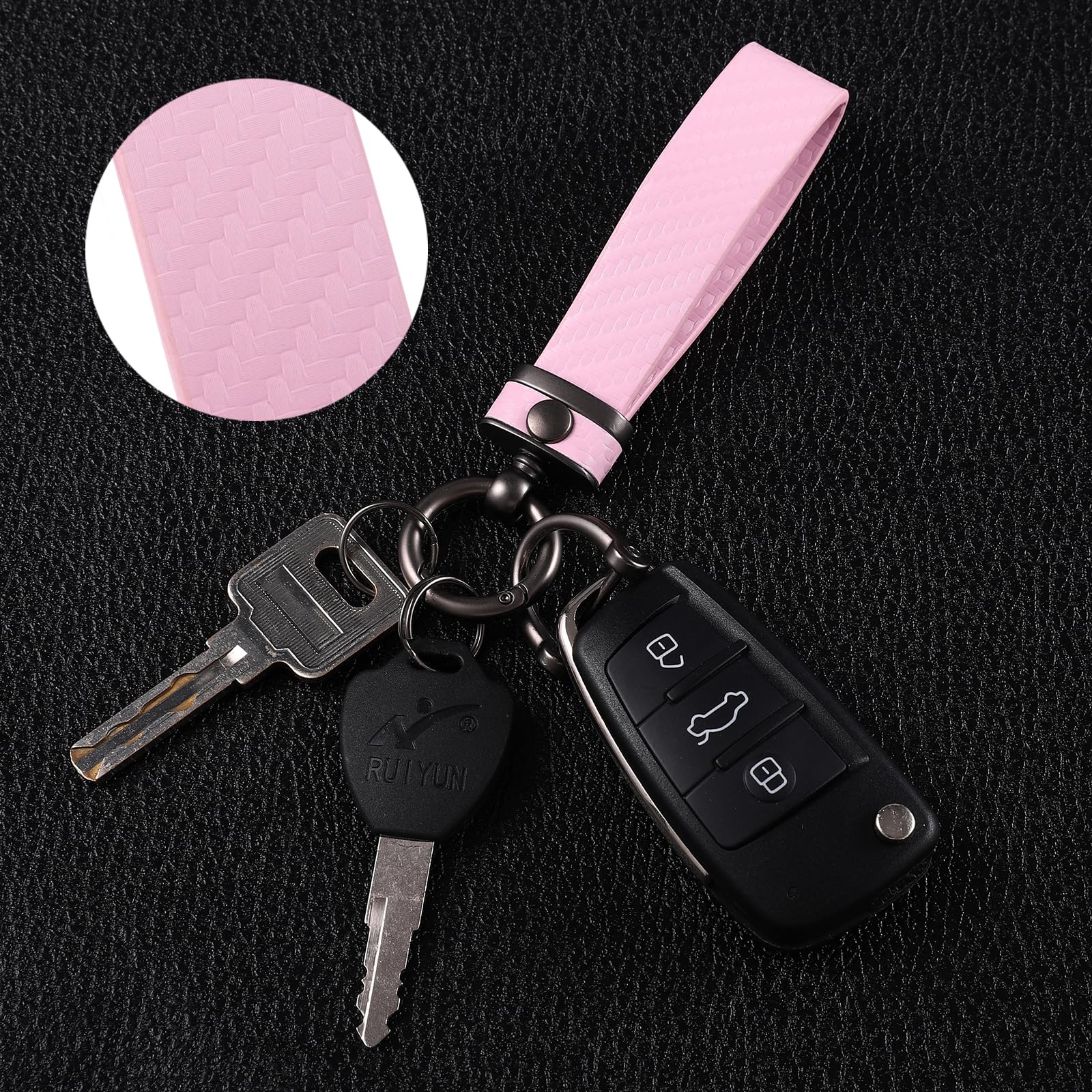 Dekewei Carbon Fiber Car Keychain, Universal Key Holder With Anti-Lost D-Ring (Light Pink)