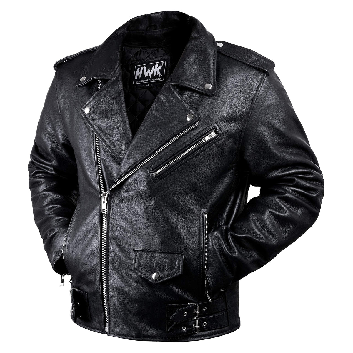 HWK Brando Men's Comfy Vintage Black Leather Motorcycle Jacket with CE Armor, Thermal Lining, and Water Resistant Biker Design -