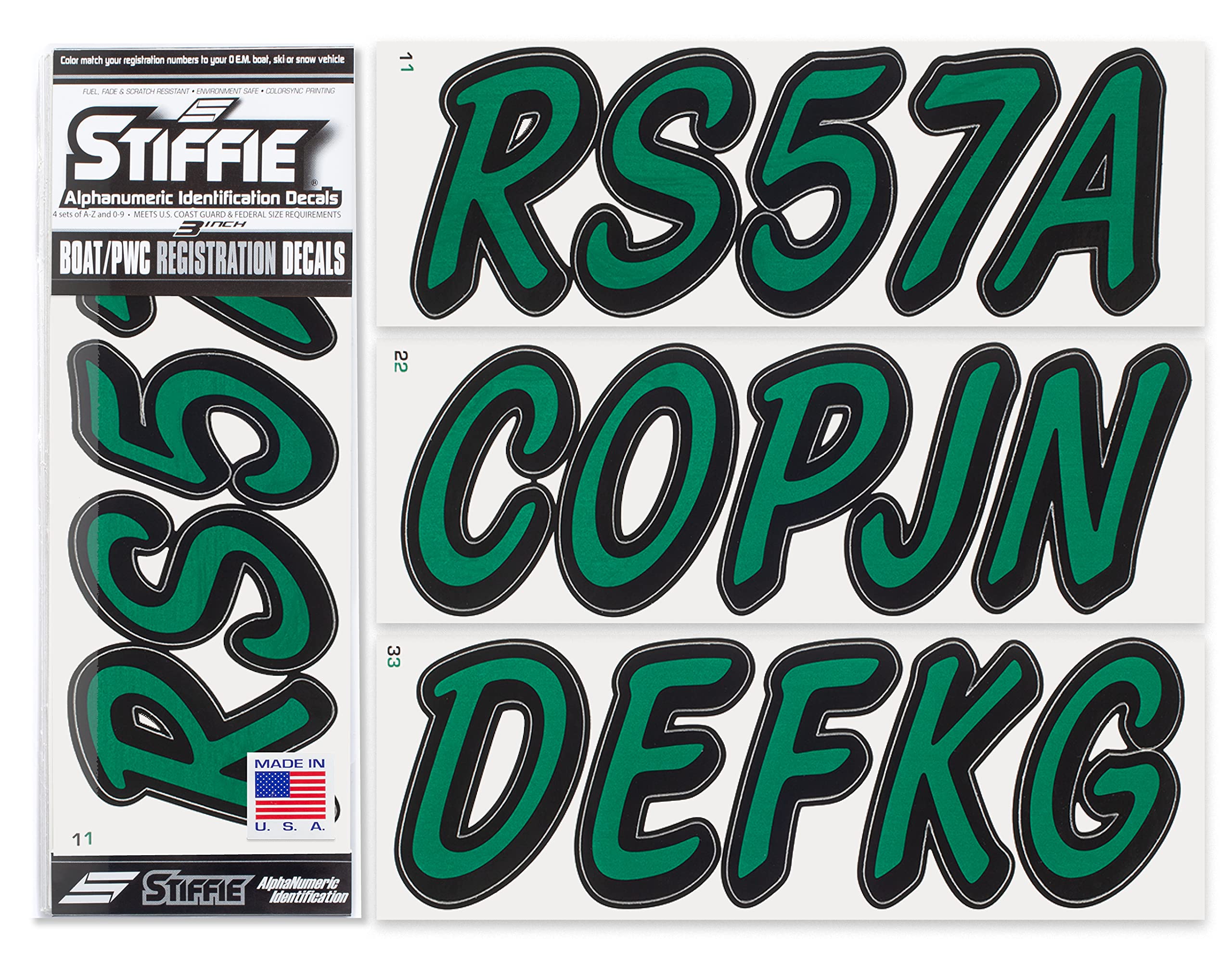 Stiffie Whipline Solid Racing Green/Black 3'' Alpha-Numeric Registration Identification Numbers Stickers Decals For Boats & Pers