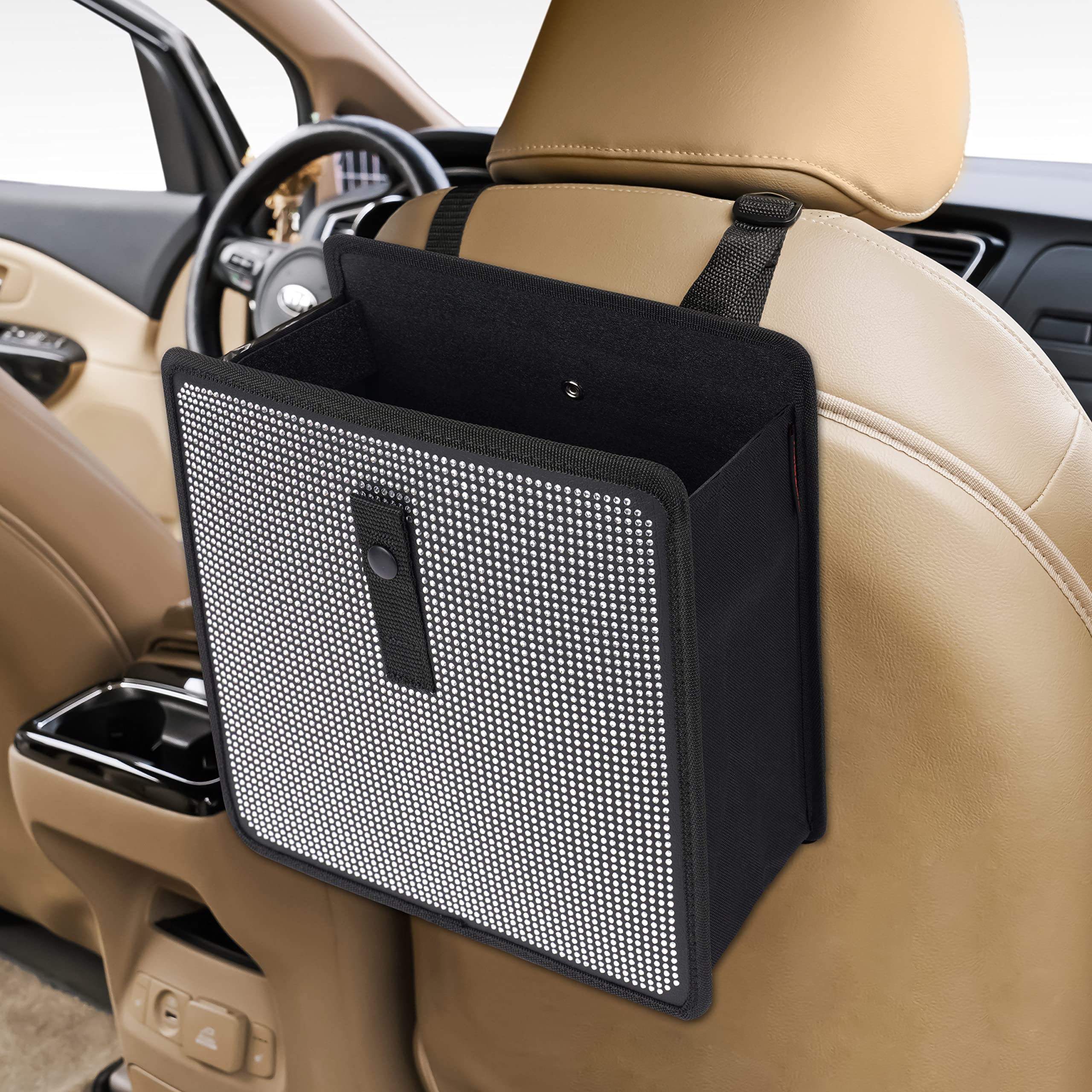 KMMOTORS Jopps Premium Diamond Car Trash Can - Luxury Foldable Bin with Strap, PU Leather & Oxford, Waterproof, Bling Crystal De