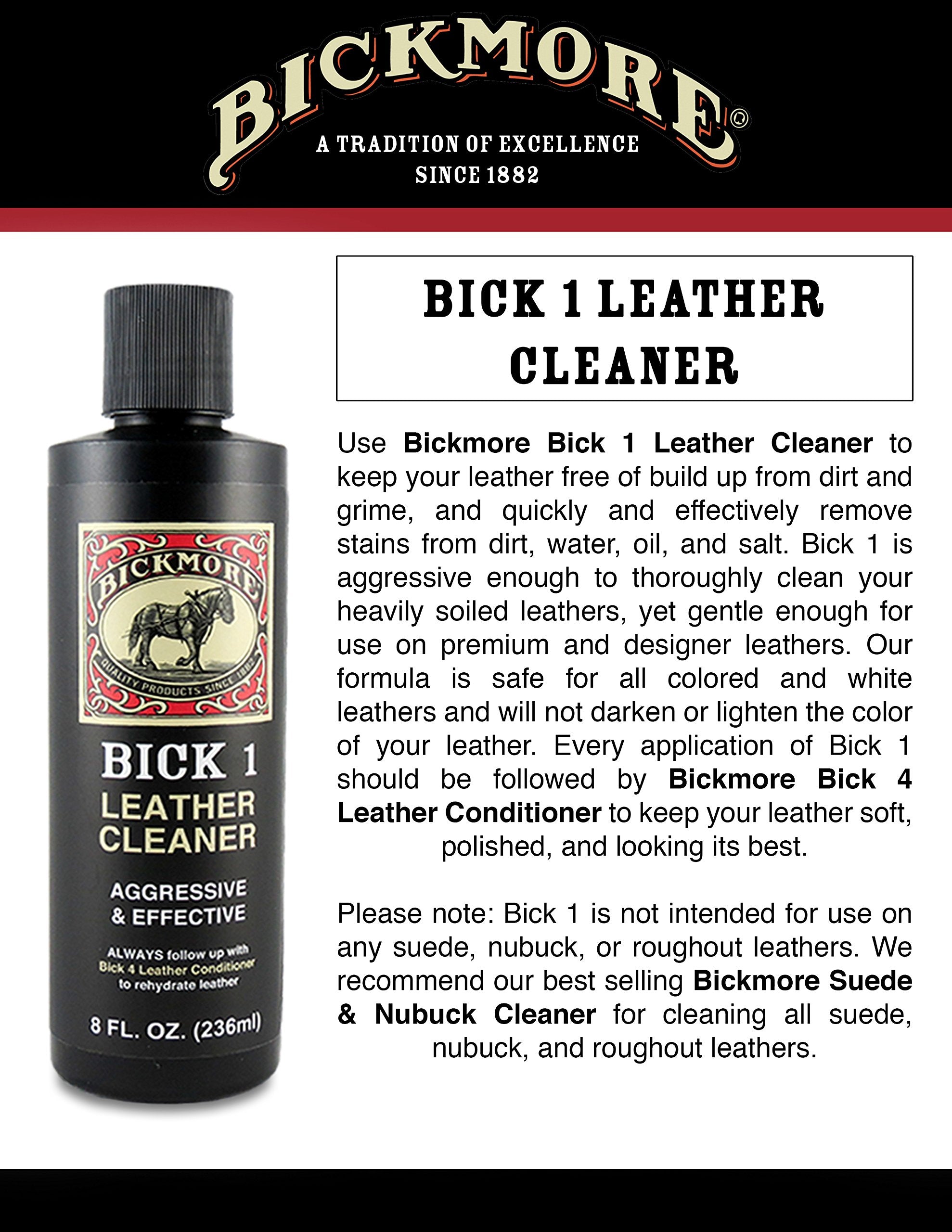Bickmore Bick 1 Leather Cleaner 8 Oz - Clean Dirt, Oil, Sweat, Salt, And Water Stains From All Colored, White, And Black Leather