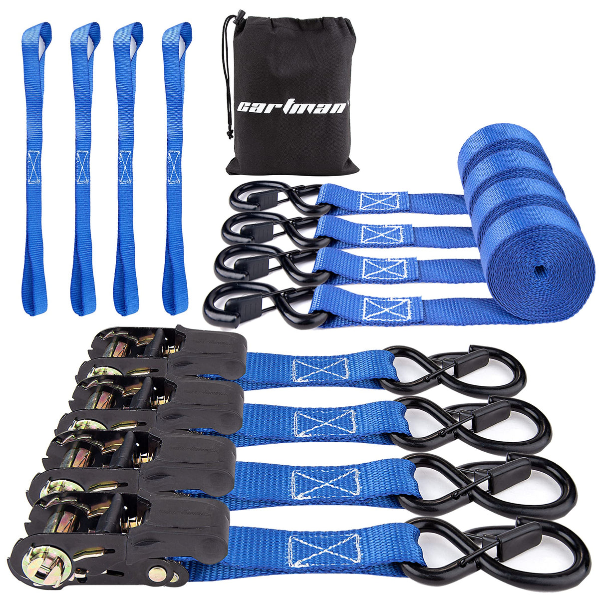 Cartman Ratchet Tie Down Straps 4Pk 2,000Lb Max Break Strength With Premium 1'' X 15' Rachet Tie Downs With Padded Handles, 4Pk